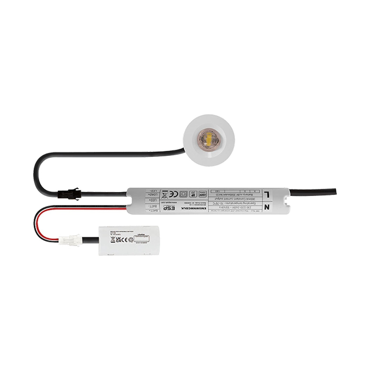 ESP Duceri 5W LED emergency downlight with white bezel, corridor lens, driver unit and lithium battery pack on a plain white background.