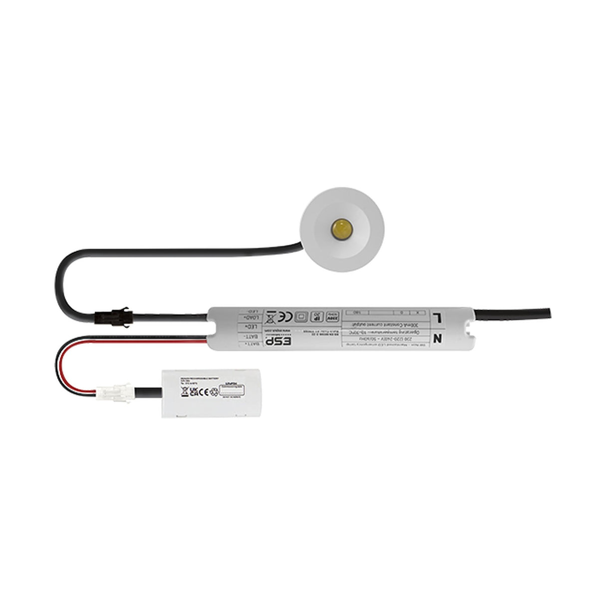 ESP Duceri 5W LED emergency downlight in white with round recessed bezel, lithium battery pack, and self-test control module on a white background.