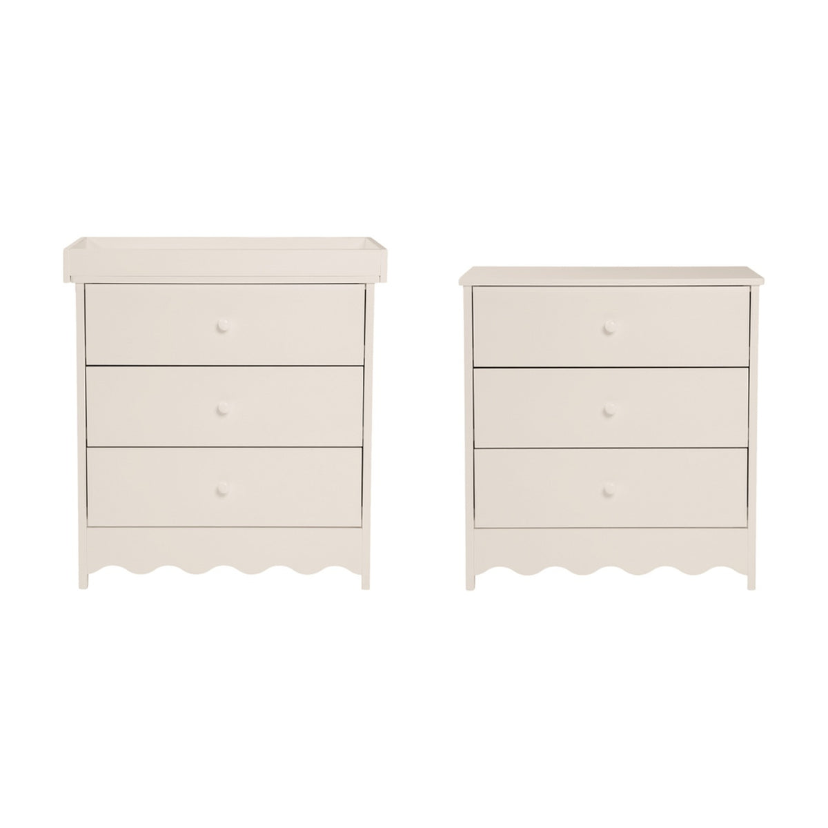 Dancer Changing Table with Drawers & Removable Top in cashmere, shown alongside the chest of drawers version with top removed, scalloped base, on a white background.