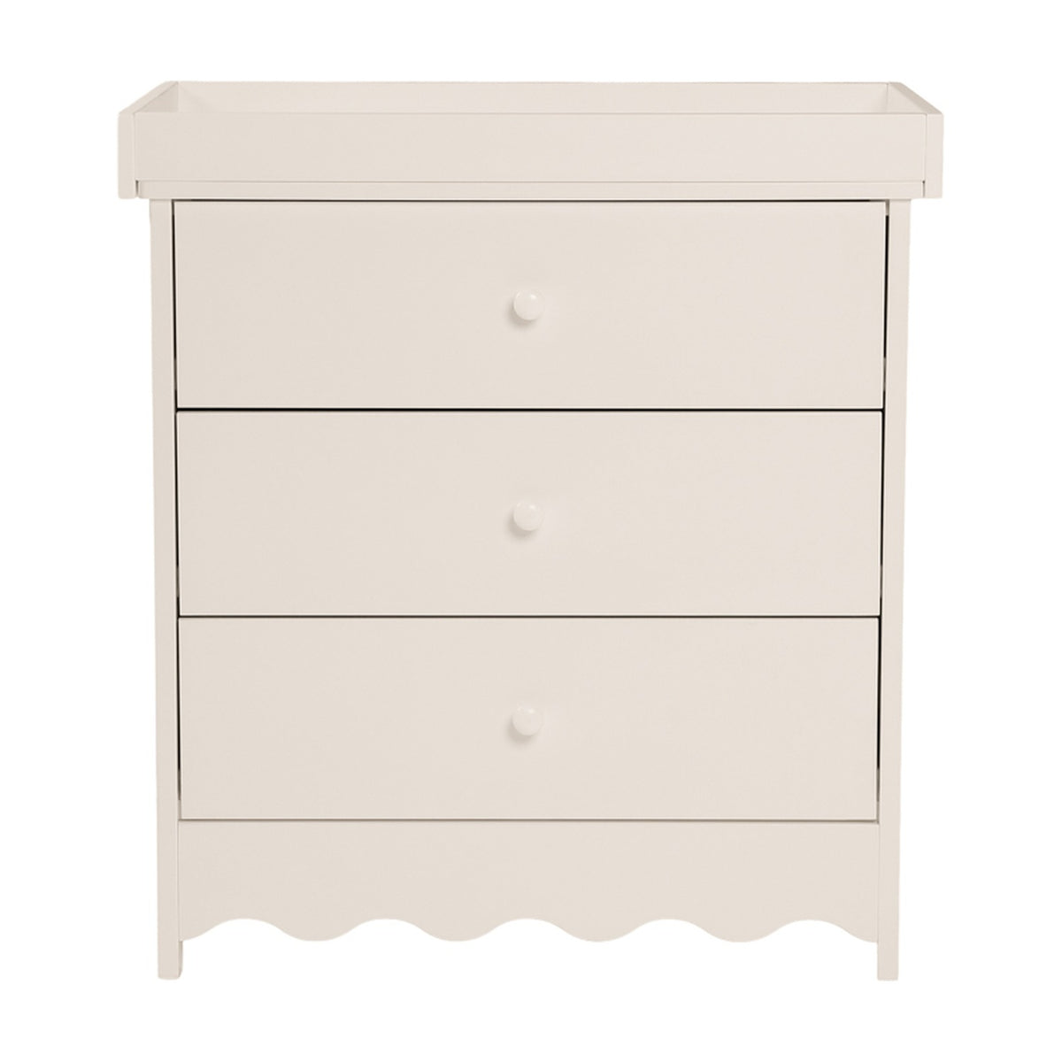 Dancer changing table in cashmere, MDF with removable top tray, three drawers with round knobs and scalloped base, shown on a plain white background.