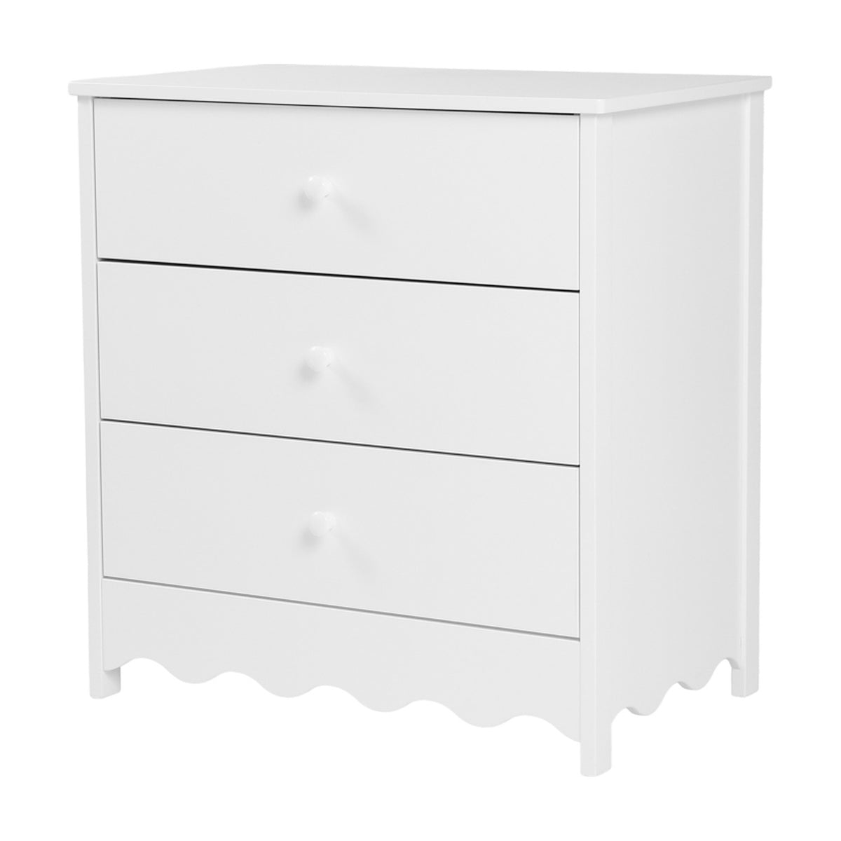 White MDF Dancer changing table with removable top and three drawers on metal runners, scalloped base trim, shown on a plain white background.