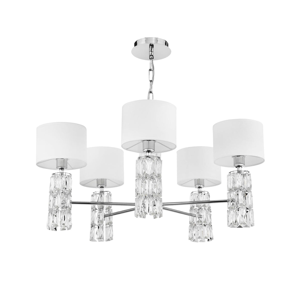 Talento 5 light chandelier in chrome, shown off to highlight its refined and luxurious design.