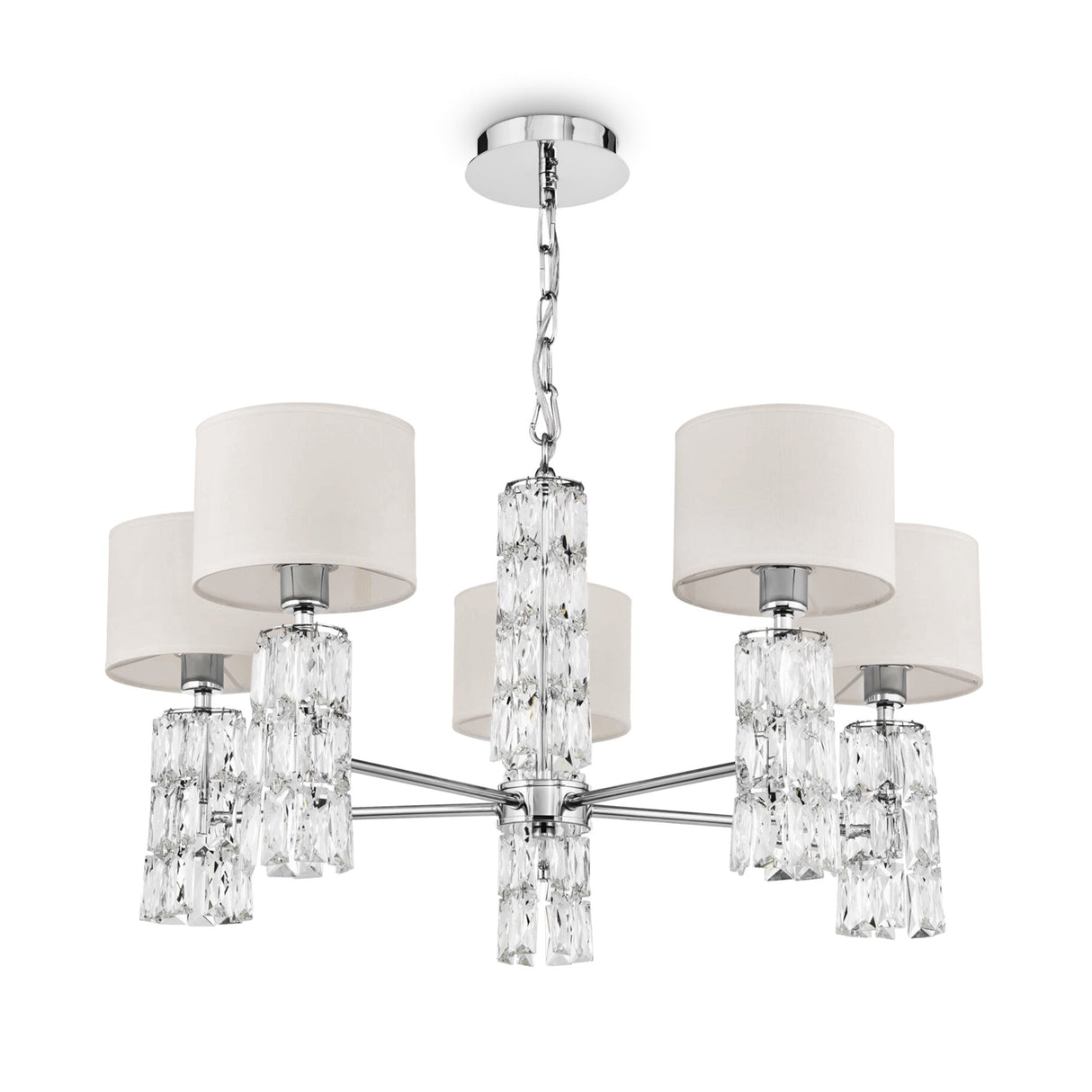 Talento 5 light chandelier in chrome, offering a sophisticated touch with a reflective metallic finish.
