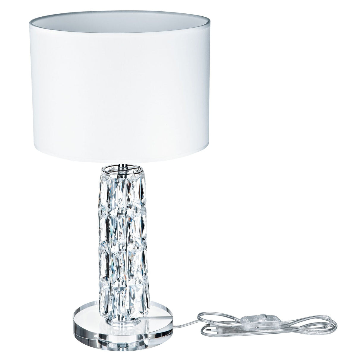 Talento table lamp in chrome with glass crystal, shown off to highlight its sleek and reflective design.