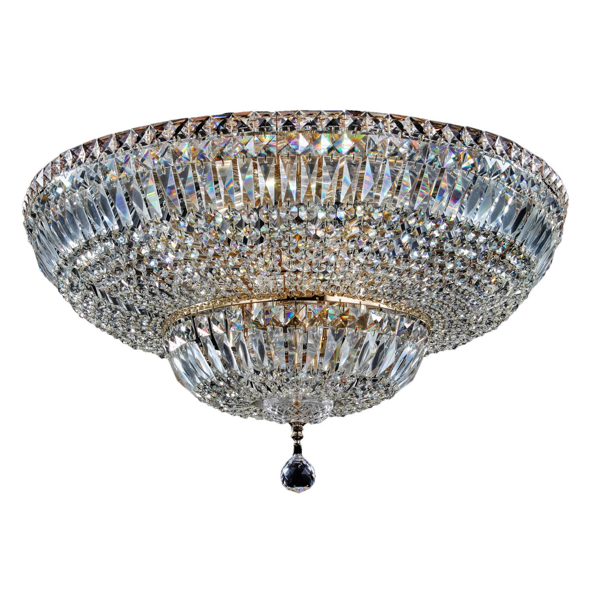 Discover the luxurious Basfor 16 Light Crystal Chandelier in gold, featuring a round, tiered design with intricate patterns and diamond-cut crystals for a classic shimmer. A central crystal pendant elegantly enhances any space.