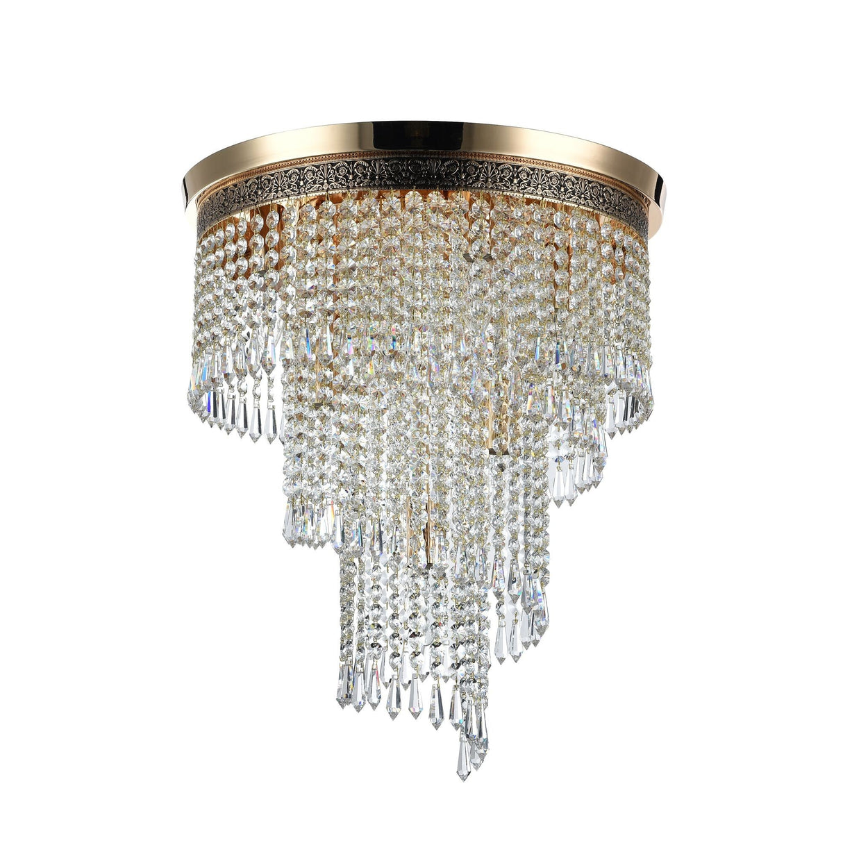 The Cascade 7 Light Crystal Chandelier - Gold boasts a luxurious design with an antique gold brass rim and cascading clear, faceted beads forming a tiered waterfall effect, enhancing any luxury lighting collection with elegance and sophistication.