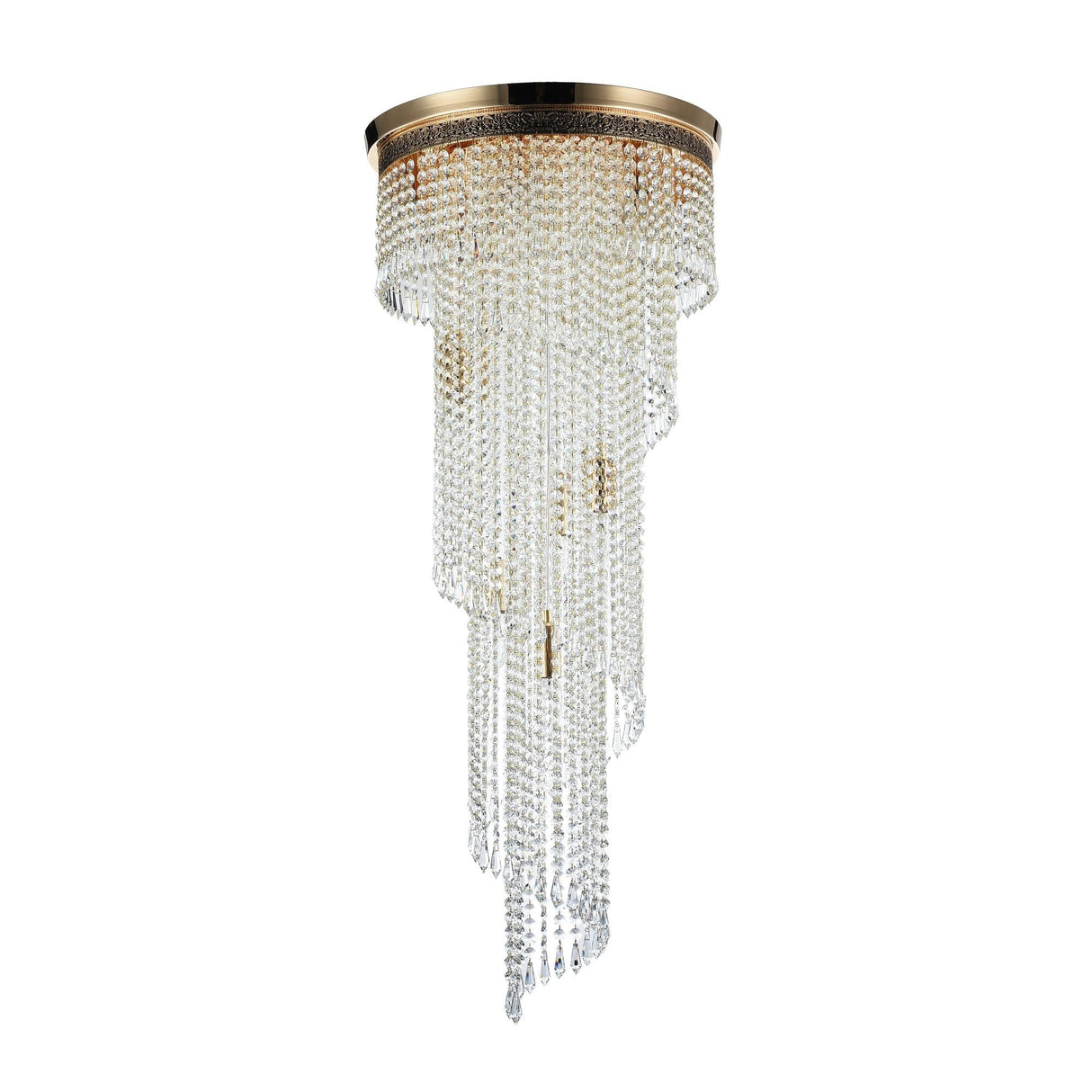 The Cascade 12 Light Crystal Chandelier in Gold features cascading strands from a round base with an antique gold finish, creating a tapered and layered effect that exudes luxury and sophistication.