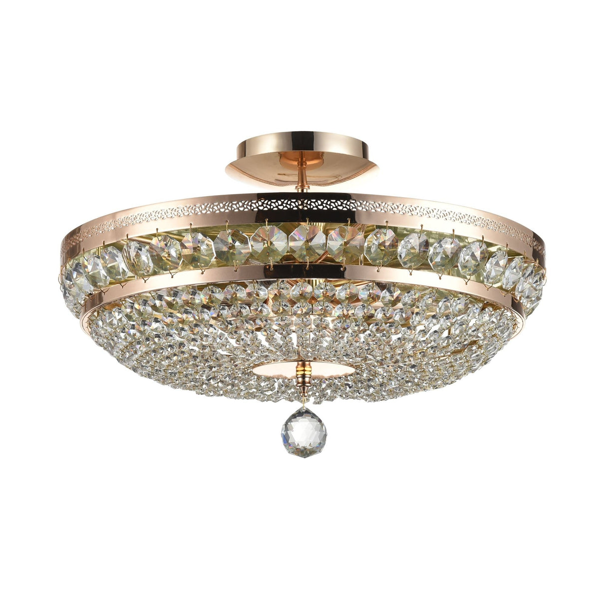 The Ottilia 6 Light Chandelier - Gold radiates luxury with a round frame, cascading crystal beads, and a central large crystal accent that refracts light. Its elegant and modern design adds sophistication to any space.