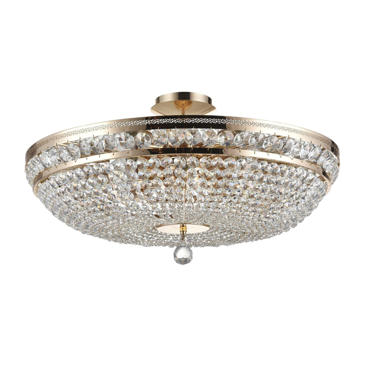 The Ottilia 12 Light Chandelier in gold is a luxurious fixture featuring sparkling crystal embellishments and a central larger dangling crystal that reflects light in multiple directions.
