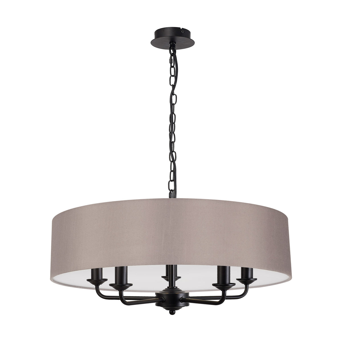 Banyan 5 Light E14 Pendant Light, 60cm grey fabric drum shade on a matt black multi-arm frame with hanging chain, shown on a plain white background.