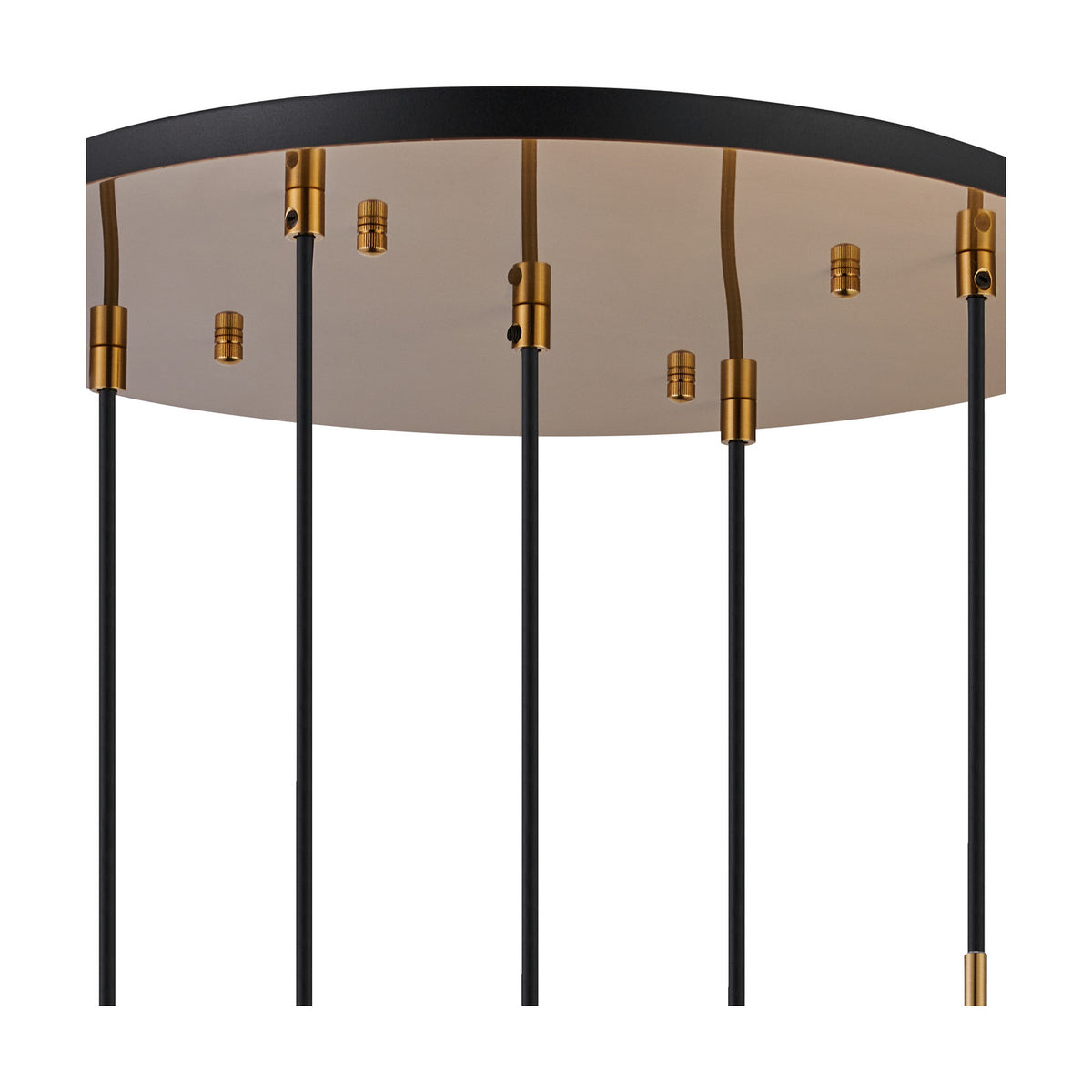 Lori 5 Light Round Pendant Light 45cm in antique gold, close-up of the circular ceiling canopy with five brass cable fittings and black cords descending, shown on a plain white background.