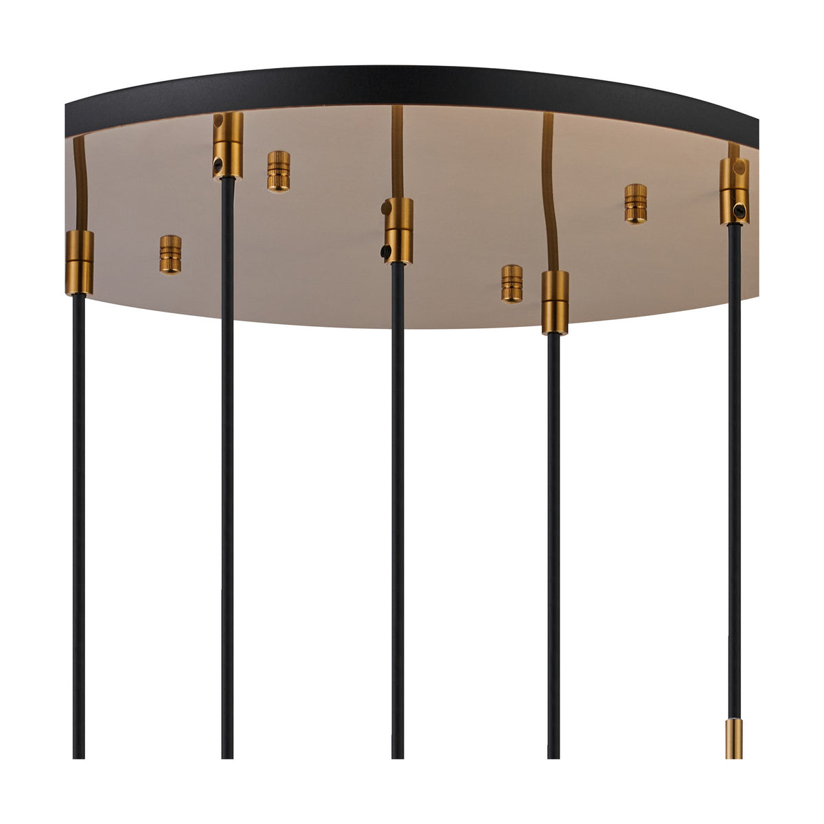 Close-up of the Lori 5 Light Open Mouth Pendant Light, a round black and smoke-toned ceiling canopy with antique gold hardware and cables suspending five E27 fittings.