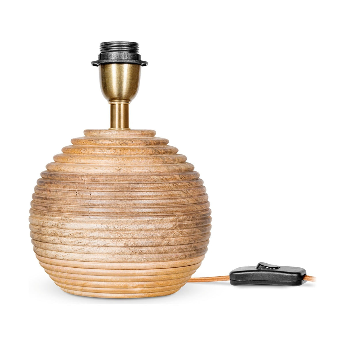 Drisana Mango Wood Bedside Table Lamp Base in natural finish, a rounded ribbed wood body with brass collar and black E27 lampholder, orange cord, on a plain white background.