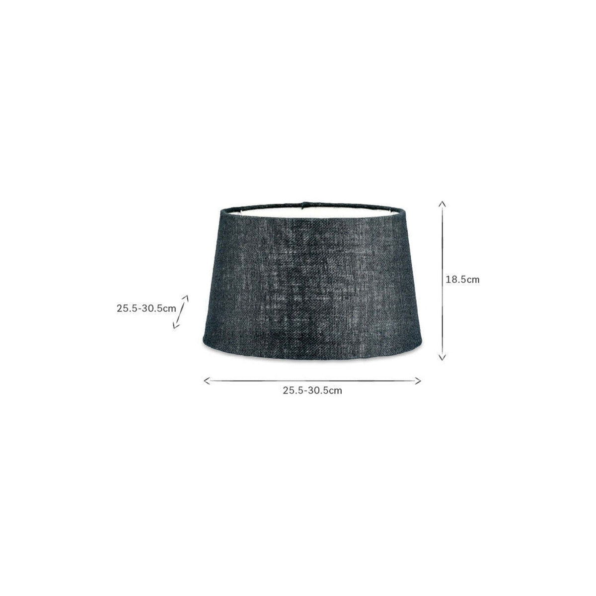 Dia Medium Jute Lampshade in Ink, a tapered drum shade in textured dark blue-black jute with pale lining, shown with dimension labels on a white background.