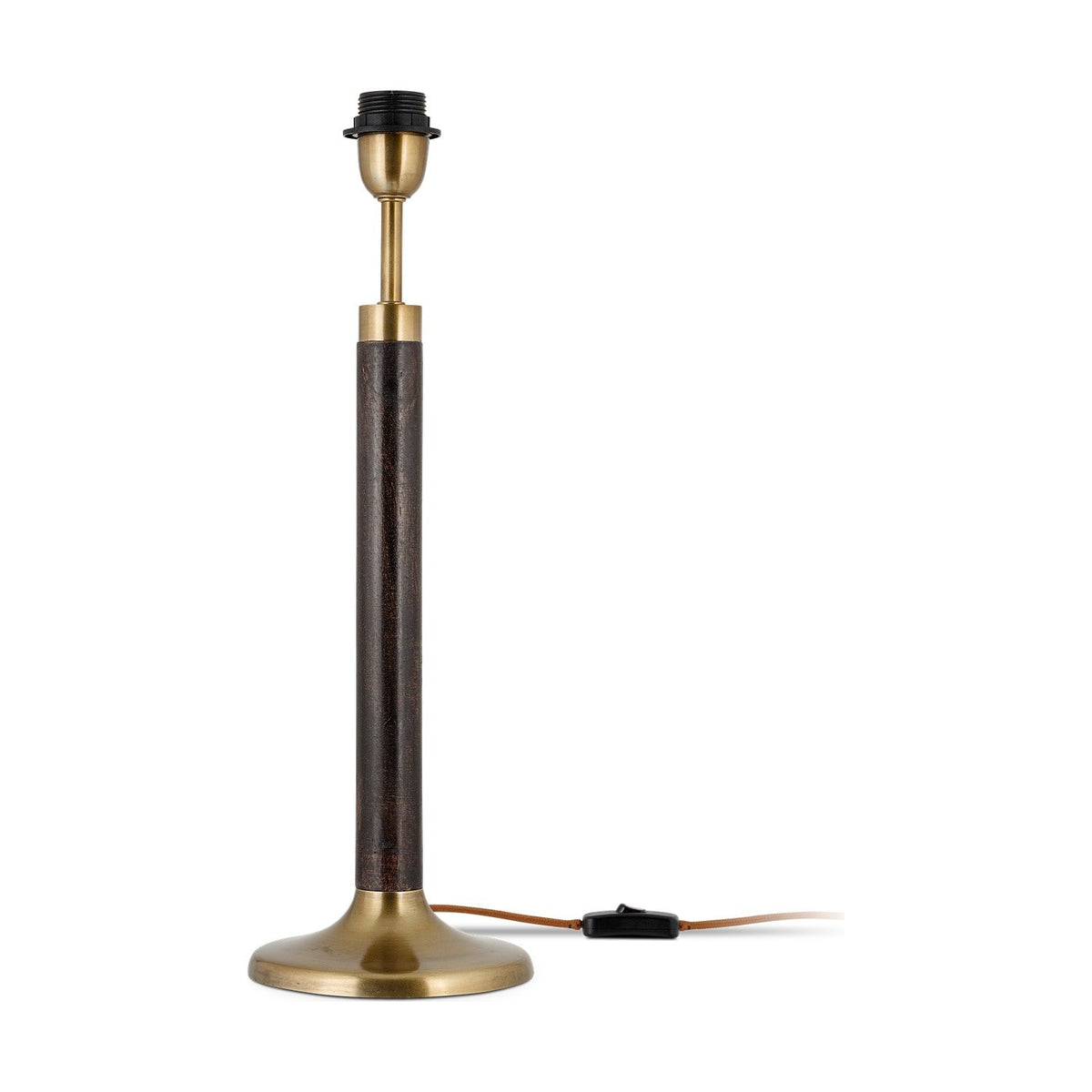 Digha Wooden Table Lamp Base in dark stained mango wood with a slender column, round antique brass foot and cup, black lampholder, and rust-coloured cord, shown on a plain white background.