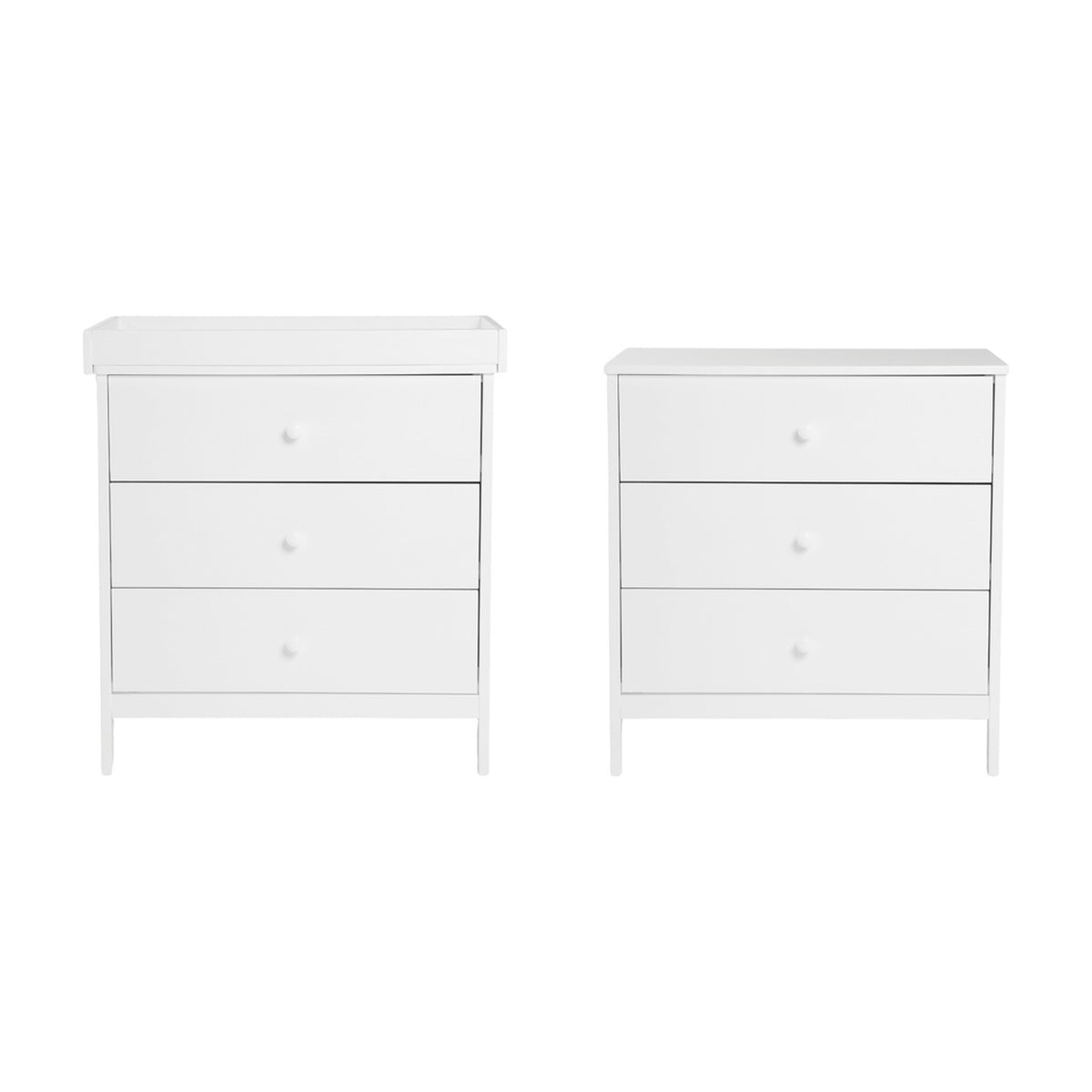 Dreamer Changing Table in white MDF with three drawers on metal runners, shown with and without its removable tray top, round knobs, on a plain white background.
