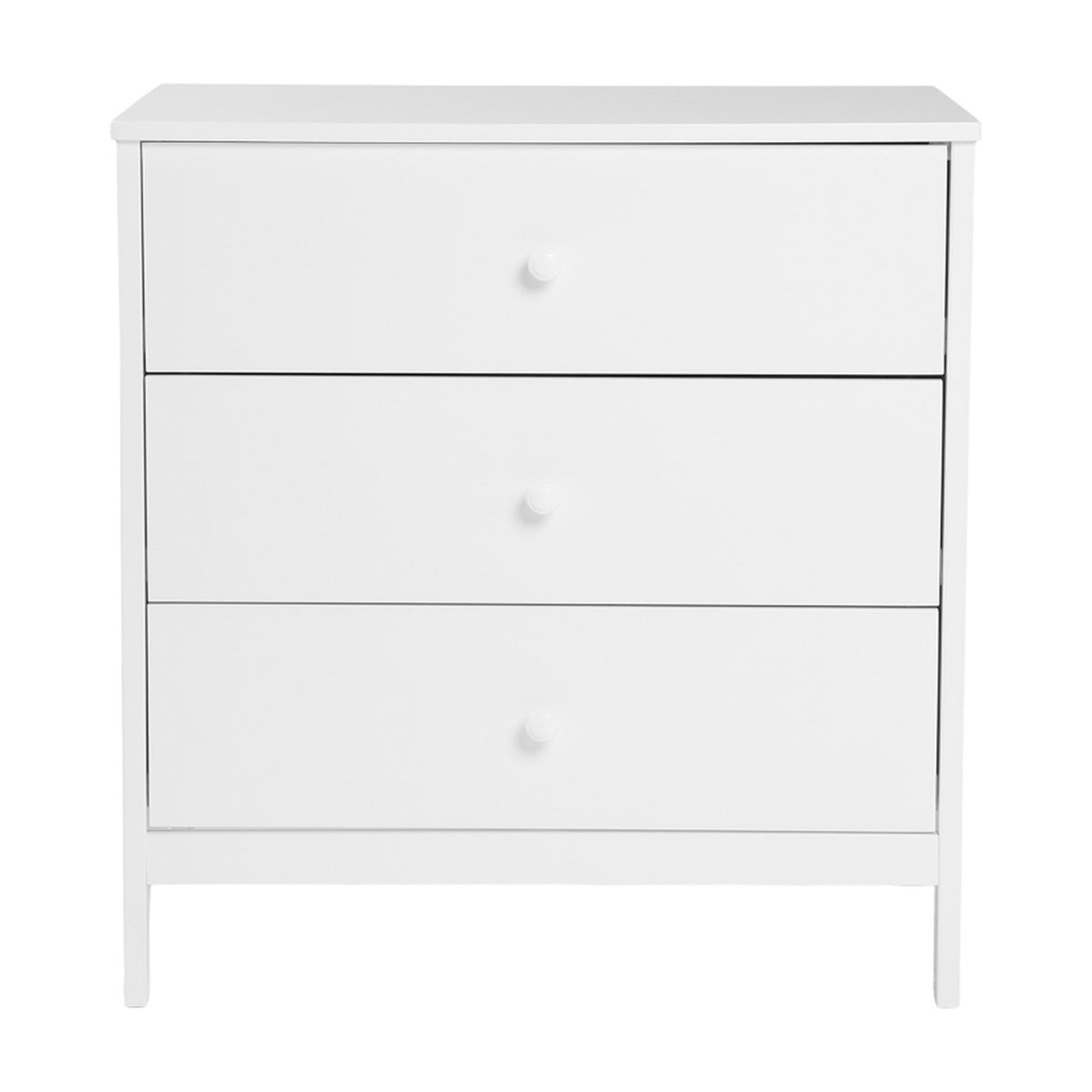 Dreamer Changing Table in white MDF with removable top, three drawers with round knobs on metal runners, and tapered legs, shown on a plain background.