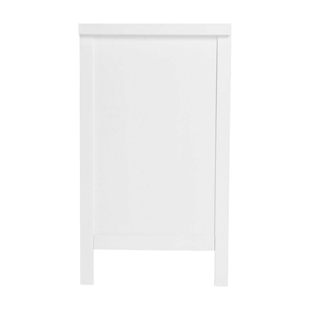 Side view of the Dreamer Changing Table in white MDF with a raised top edge and panelled side, shown against a plain white background.