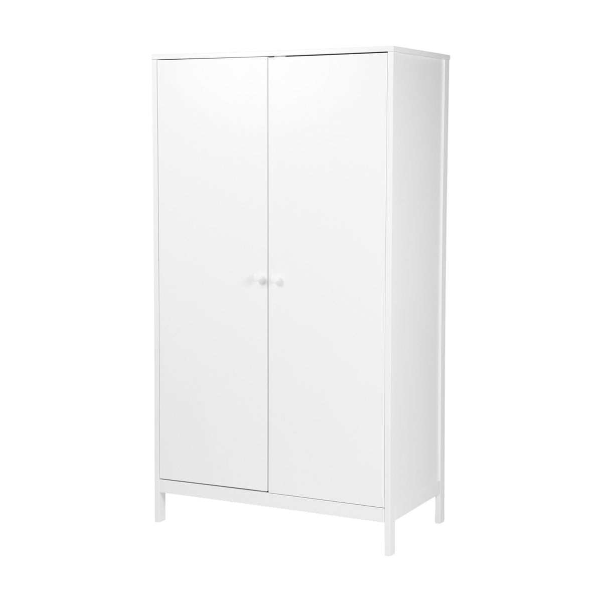 Dreamer 2 Door Kids Wardrobe in white, tall MDF cabinet with two flat doors, round knobs, and slim wooden legs, shown on a plain white background.