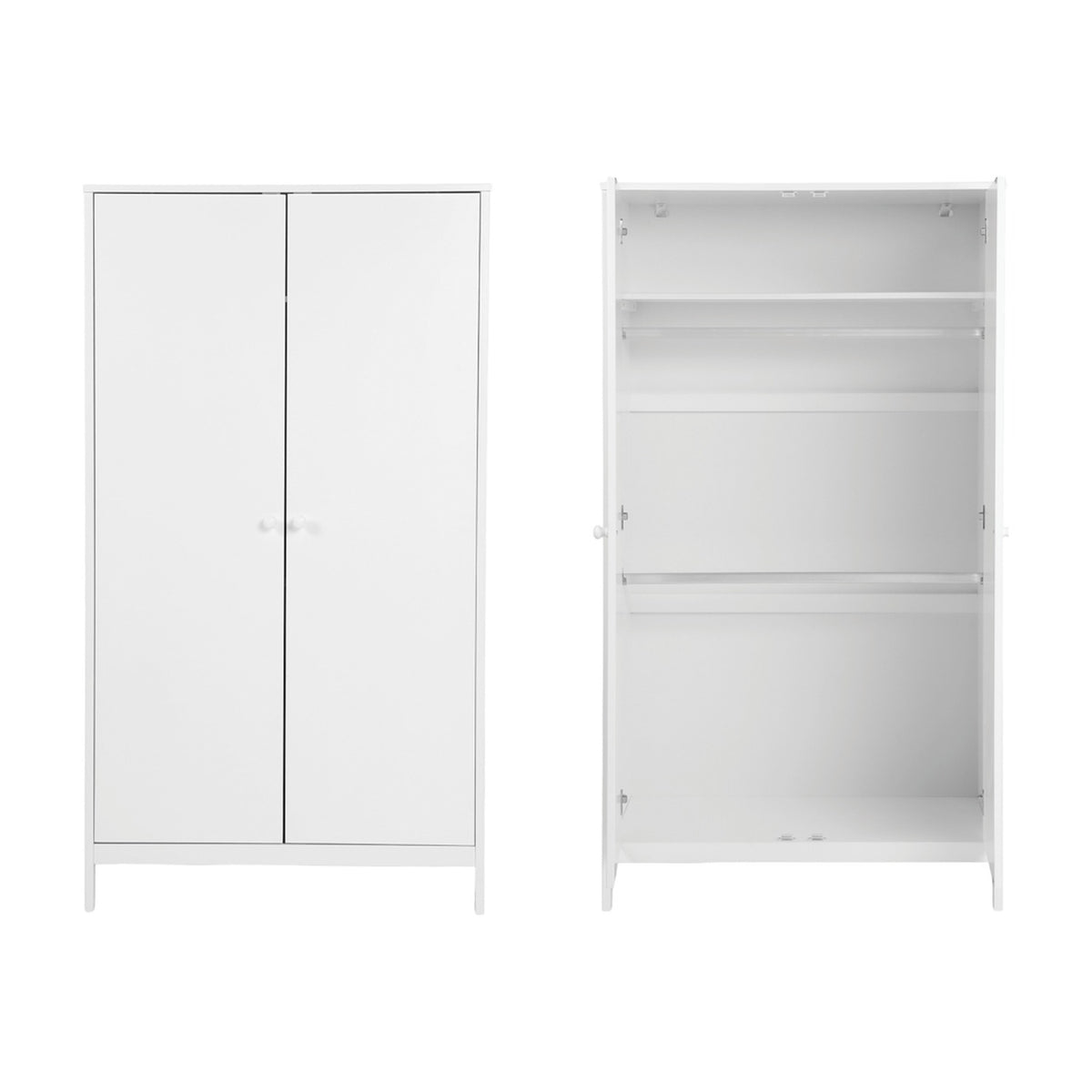 Dreamer 2 door kids wardrobe in white, shown closed and open with a top shelf and double hanging rails inside, on a plain white background.