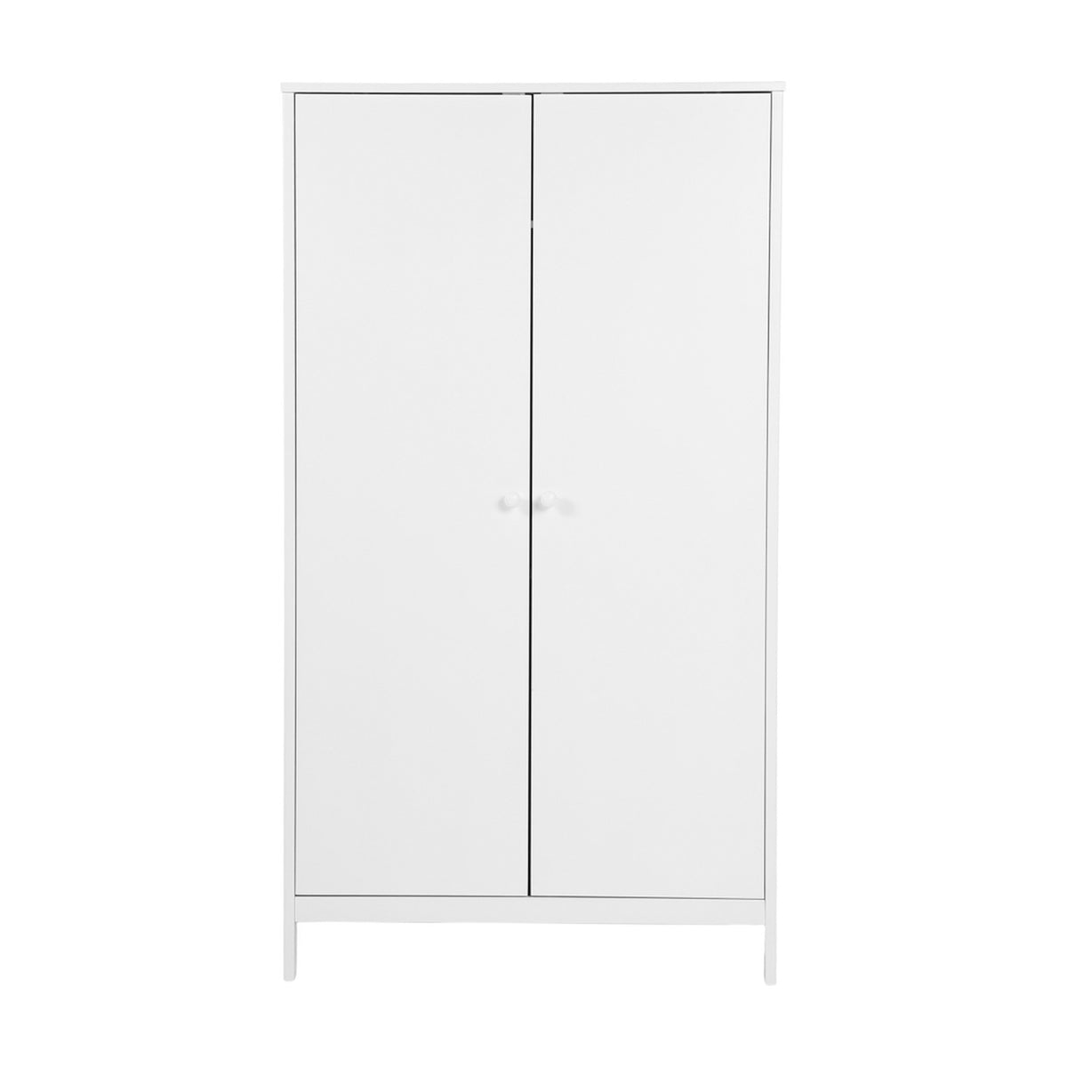 Dreamer 2 Door Kids Wardrobe in white, MDF finish with two round knobs, tall freestanding frame on plain white background.