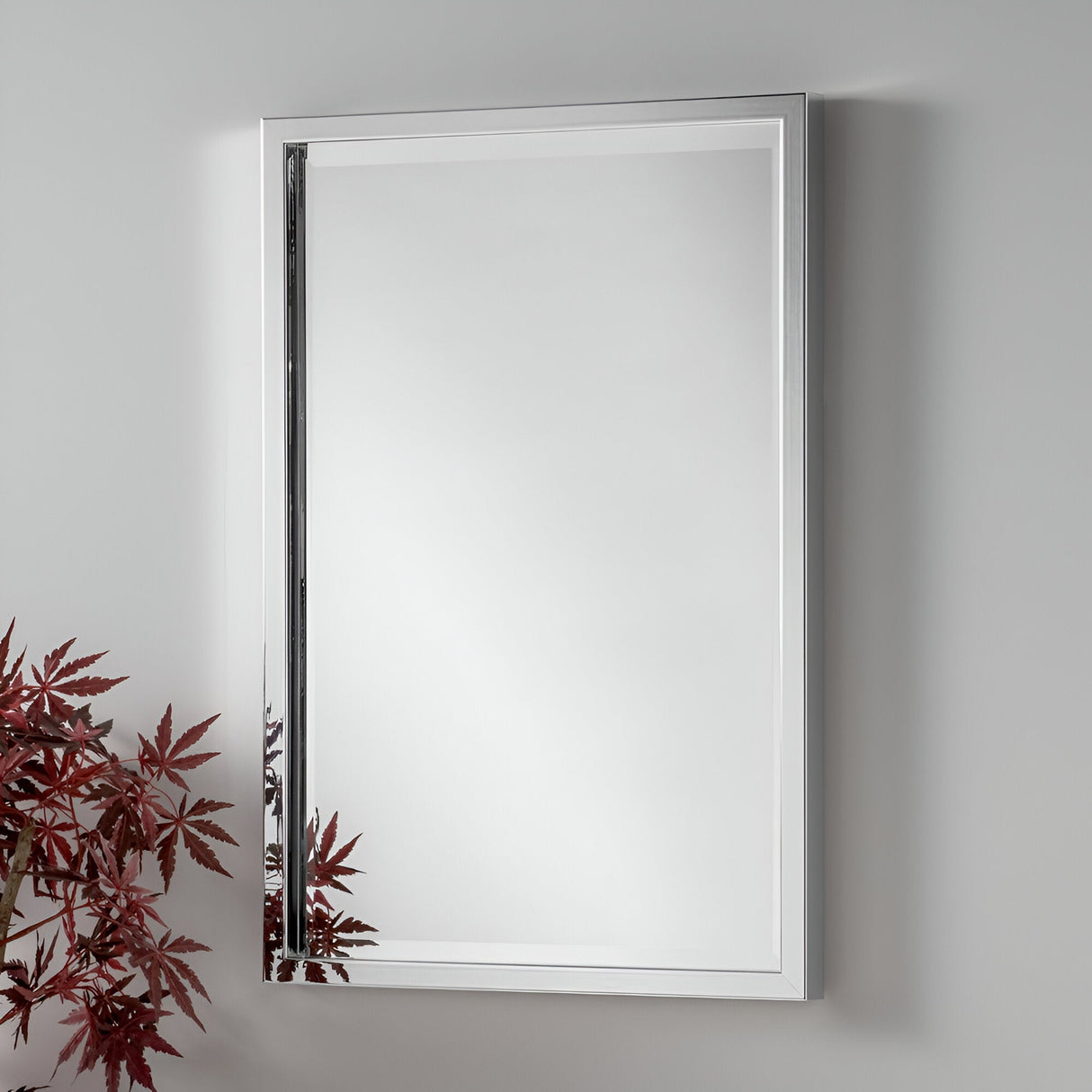 The Dalston Rectangle Wall Mirror, featuring a sleek silver frame, is mounted on a light gray wall. In the bottom left corner, the mirror's contemporary minimalist design is accentuated by partially visible red maple leaves that add a splash of color.