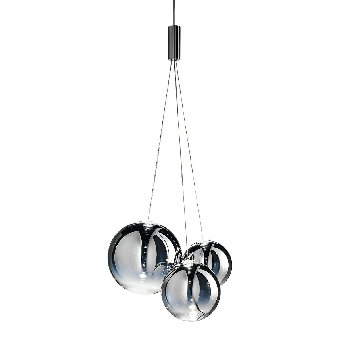 The Diverso LED Pendant Light - Chrome features three handcrafted glass globes in varying sizes with a reflective chrome finish, each suspended by slim cords from a central metal fixture against a white background.