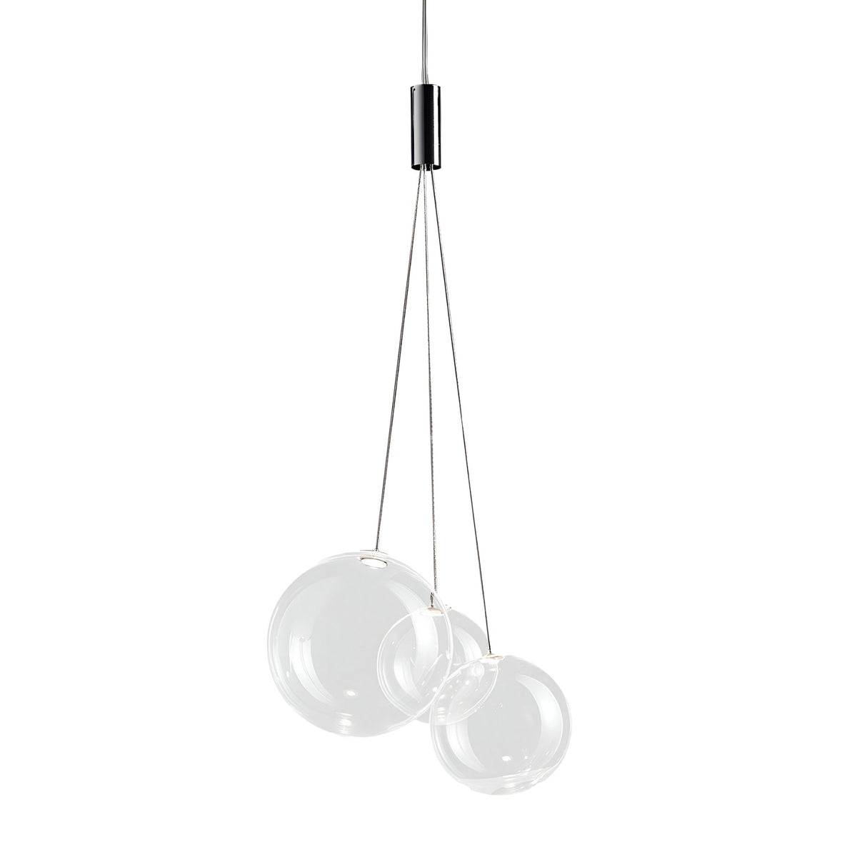 The Diverso LED Pendant Light - Clear features two clear glass globes of different sizes, suspended by adjustable cables from a sleek black ceiling mount.