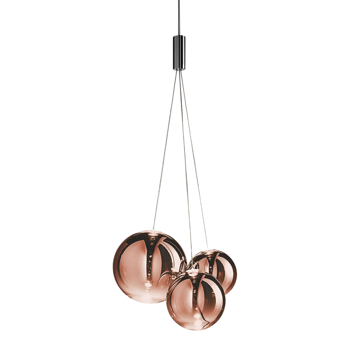 The Diverso LED Pendant Light - Copper features three spherical, reflective rose gold glass shades and a sleek copper finish, suspended by adjustable wires from a central black mount.