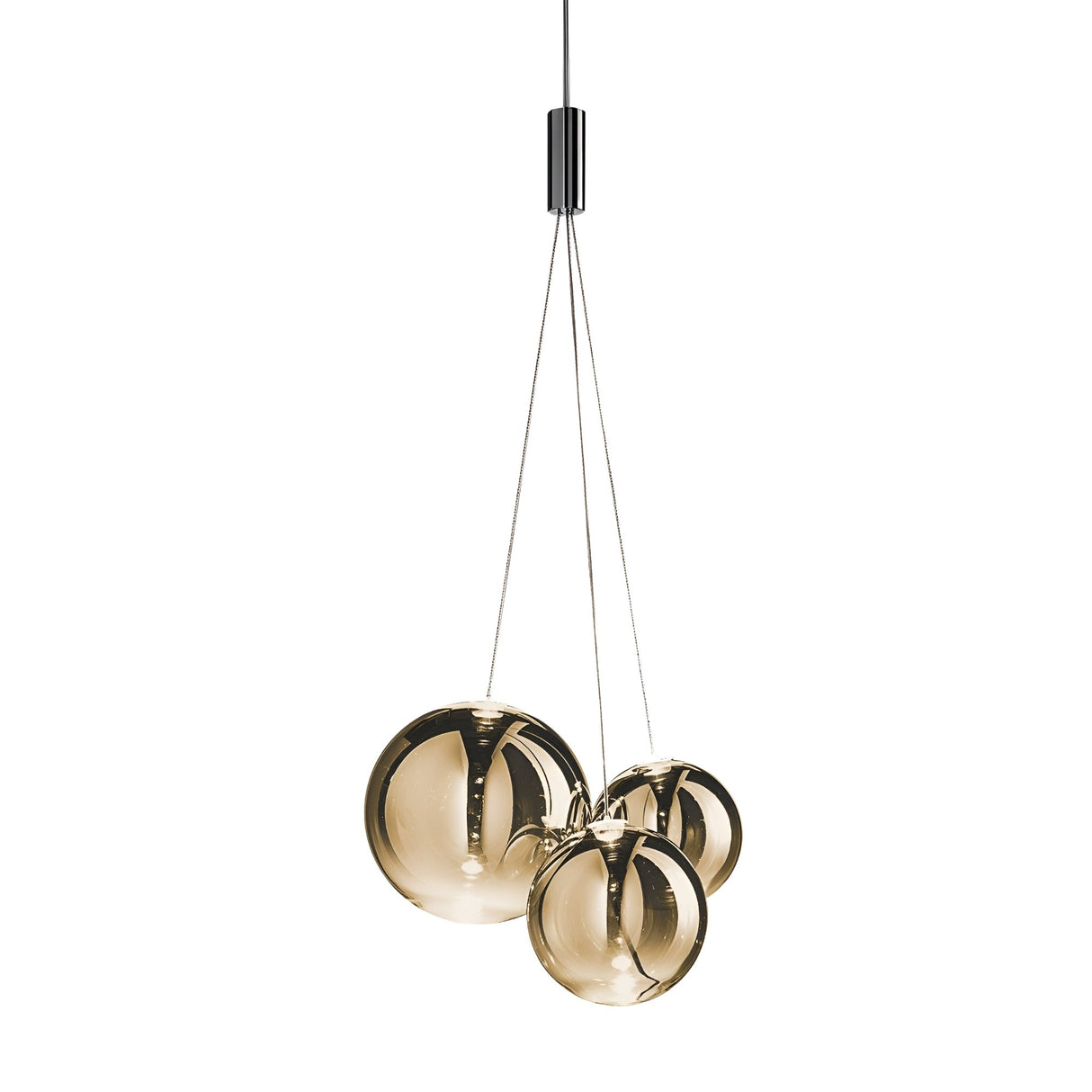 The Diverso LED Pendant Light - Gold features three spherical, gold-tinted glass shades hung at varying heights from adjustable cables, creating a contemporary and elegant look with modern LED lighting.