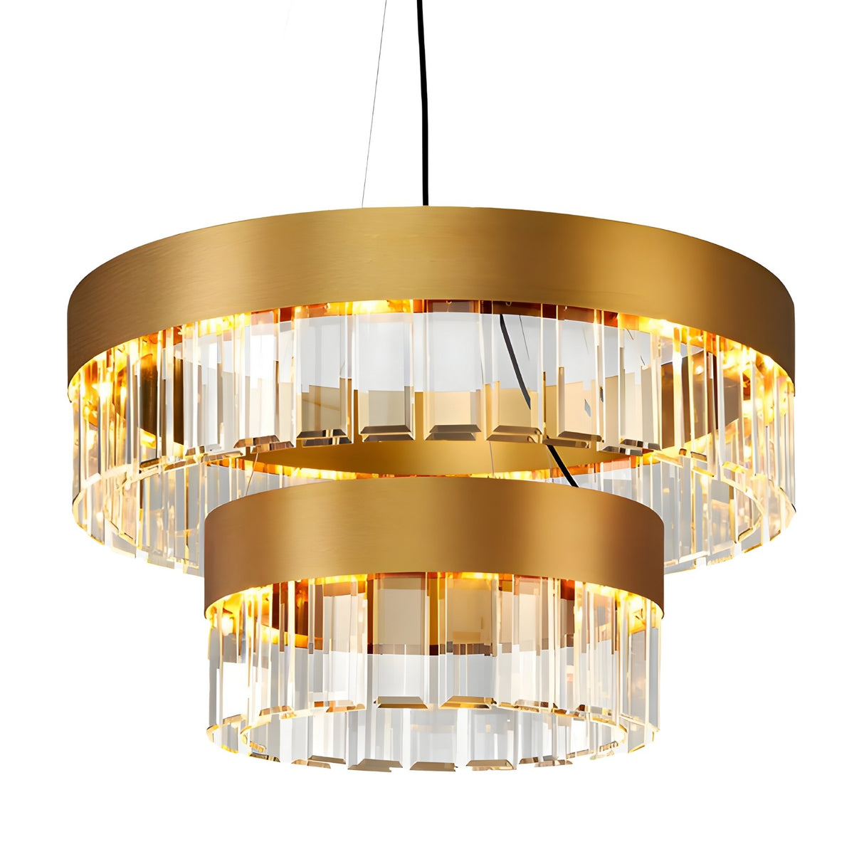 The Donato 12 Light Crystal Chandelier features two circular gold frames with vertical glass crystal accents, suspended by a black cord. This modern luxury fixture emits a warm, inviting glow.