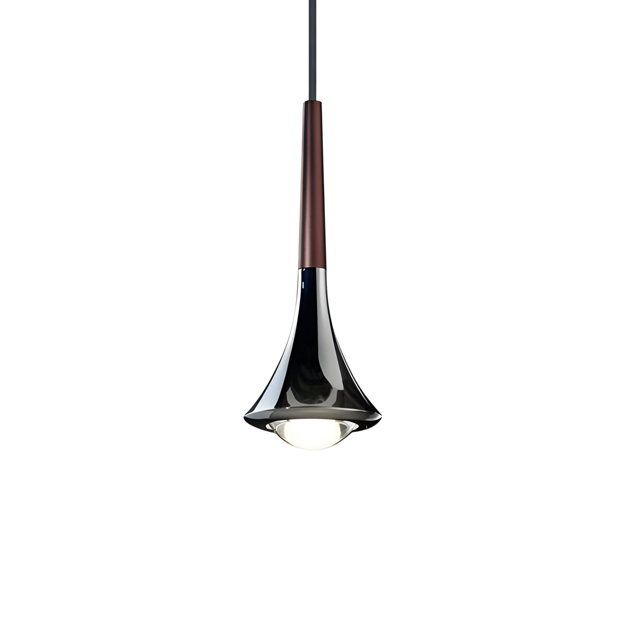 The Droplet LED Pendant Light - Bronze features a glossy black, trumpet-shaped shade, bronze upper section, visible bulb, and an adjustable suspension cable, shown here against a white background.