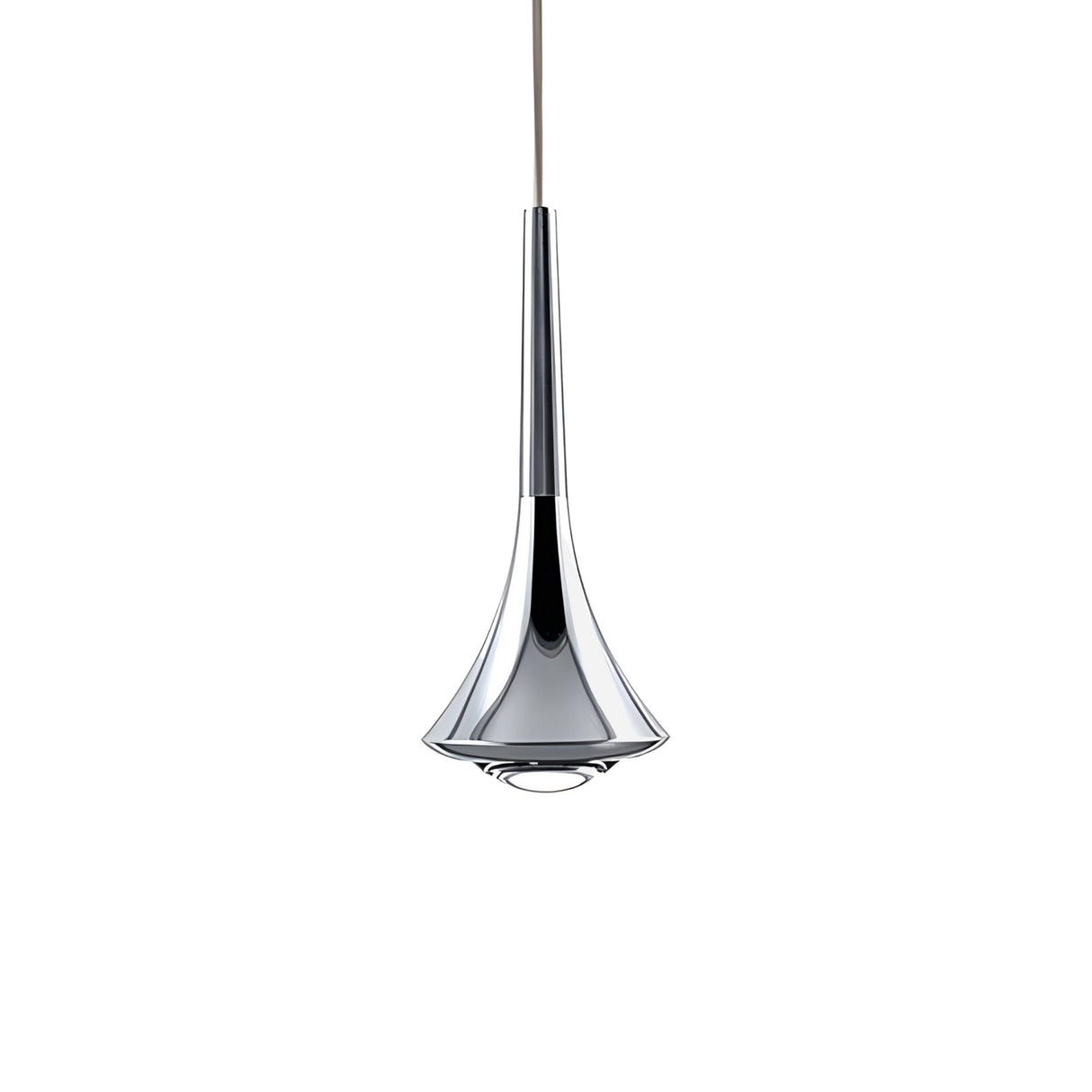 The Droplet LED Pendant Light - Chrome features a sleek, flared design suspended by a thin cord, ideal for modern spaces seeking stylish chrome pendant lighting solutions.