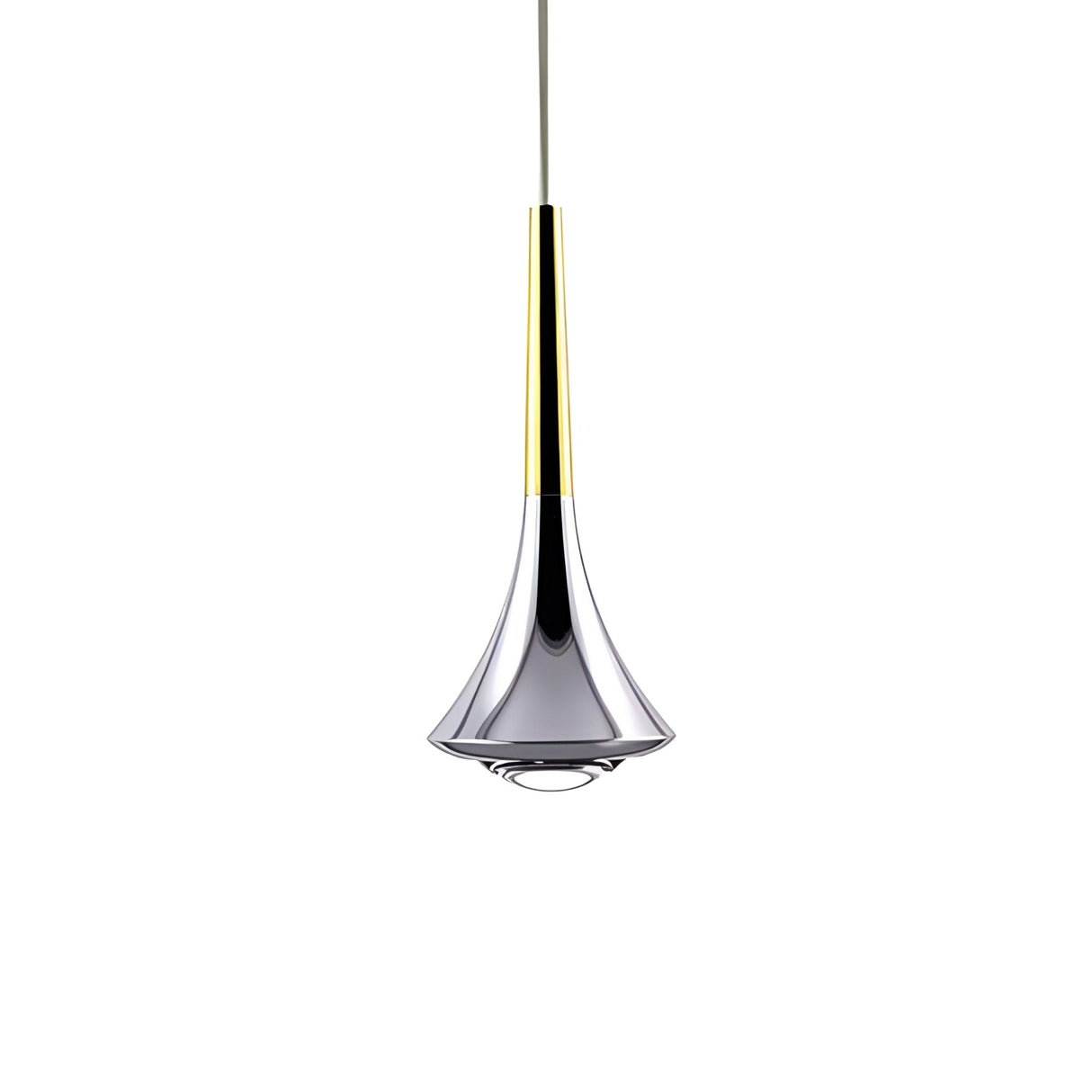 The Droplet LED Pendant Light - Gold features a modern gold and chrome finish, a sleek tapered stem, and a wide flared shade, suspended by a thin cord against a plain white background.