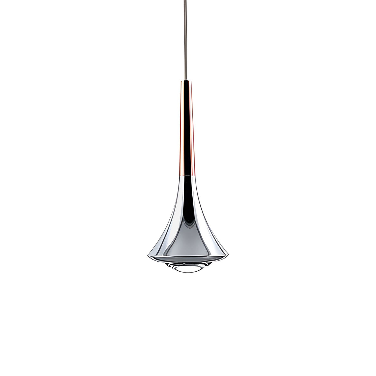 The Droplet LED Pendant Light in rose gold features a modern, conical design with a metallic finish and an adjustable cable, adding sleek contemporary style against a plain white background.