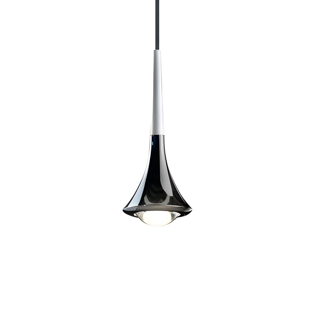 The Droplet LED Pendant Light - White & Black features a sleek, flared design with a visible bulb and hangs from a black cord, adding contemporary elegance to modern spaces against a plain white background.