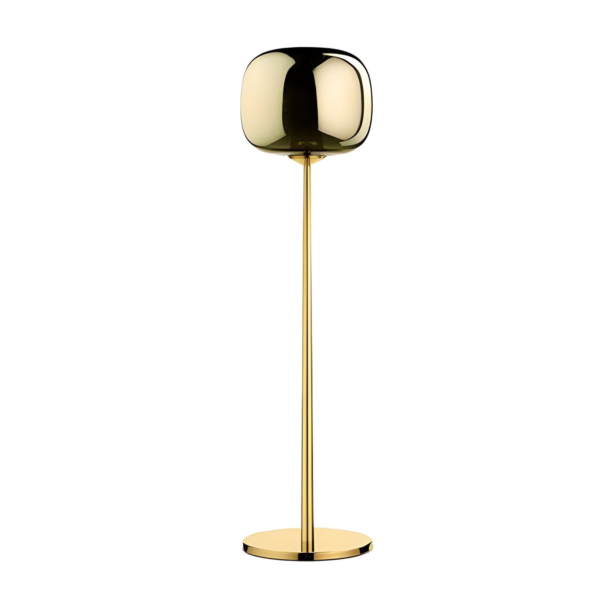 The Dusk Dawn LED Floor Lamp in Gold features a shiny, rounded reflective lampshade, a slender straight pole, and a flat circular base, all set against a plain white background.
