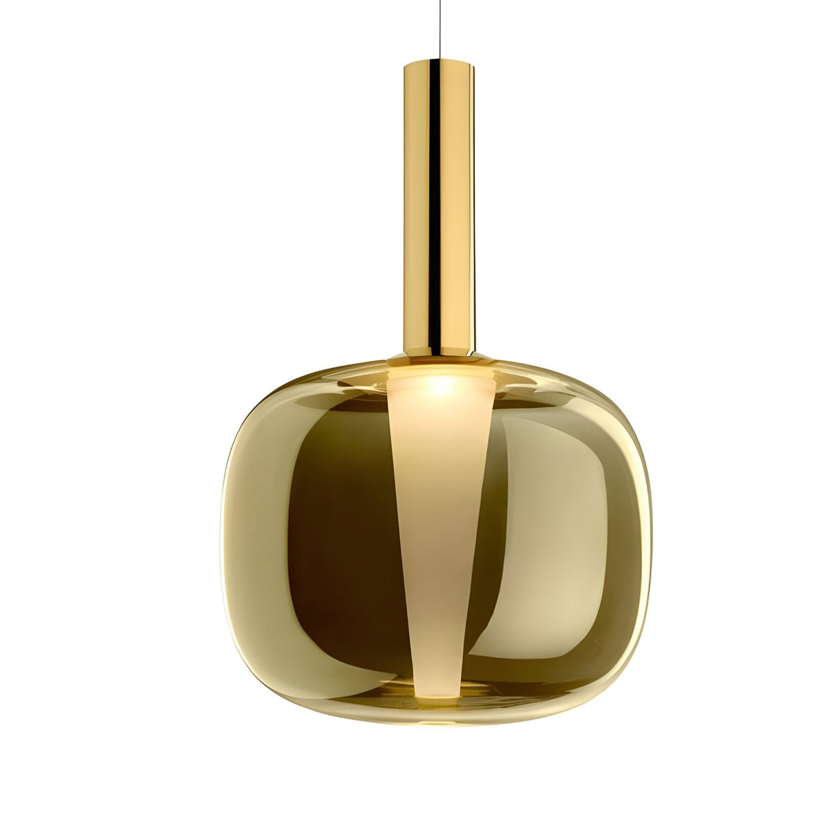 The Dusk Dawn LED Pendant Light - Gold features a cylindrical gold stem and a rounded, translucent golden glass shade, suspended against a white background.