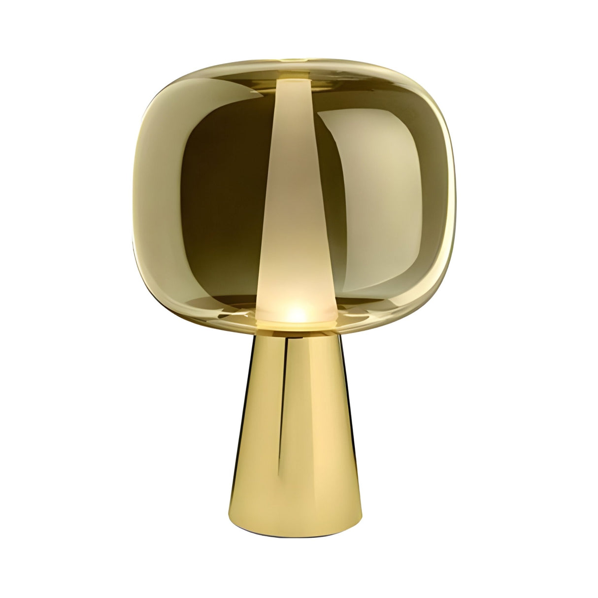 The Dusk Dawn LED Table Lamp - Gold features a shiny gold, rounded rectangular shade and matching conical base, emitting a soft ambient glow from its center.