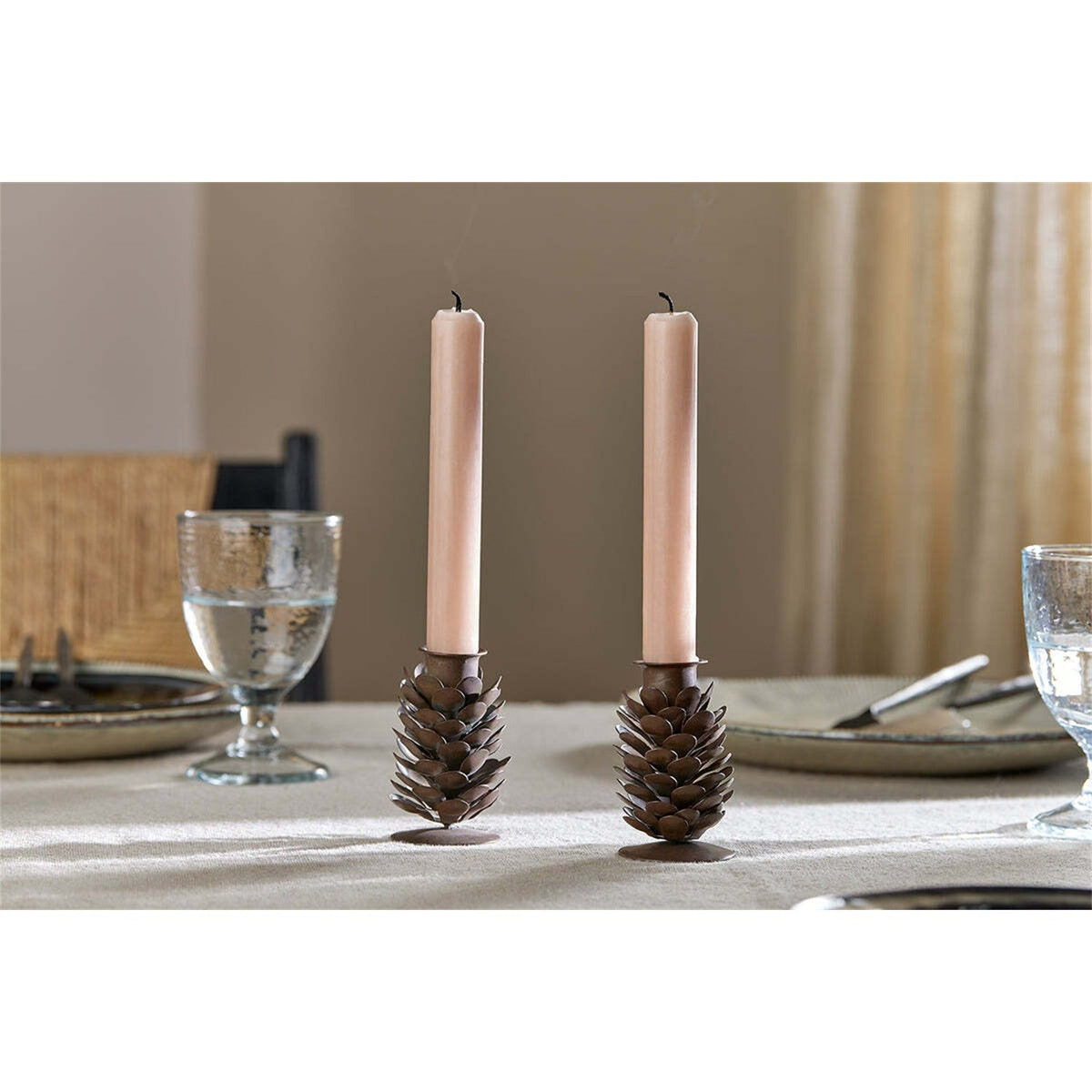 Elagalu Pine Cone Candle Stick - Rust - Set of 2 in a dining room, view 2