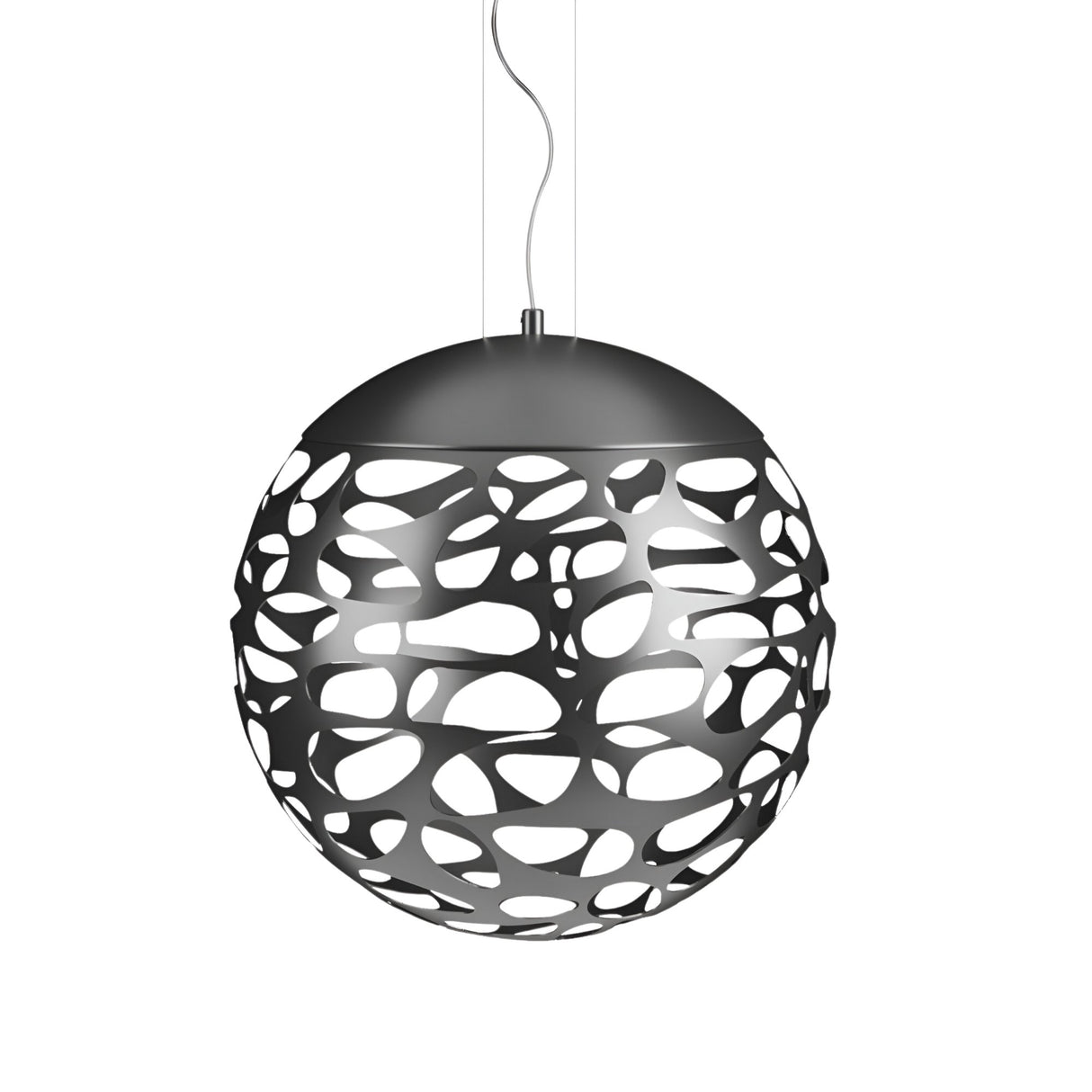 The Elon LED Light Pendant - Matte Black features a dimmable LED, open abstract cut-out design, matte black exterior with white interior, and hangs from the ceiling by a white cord.