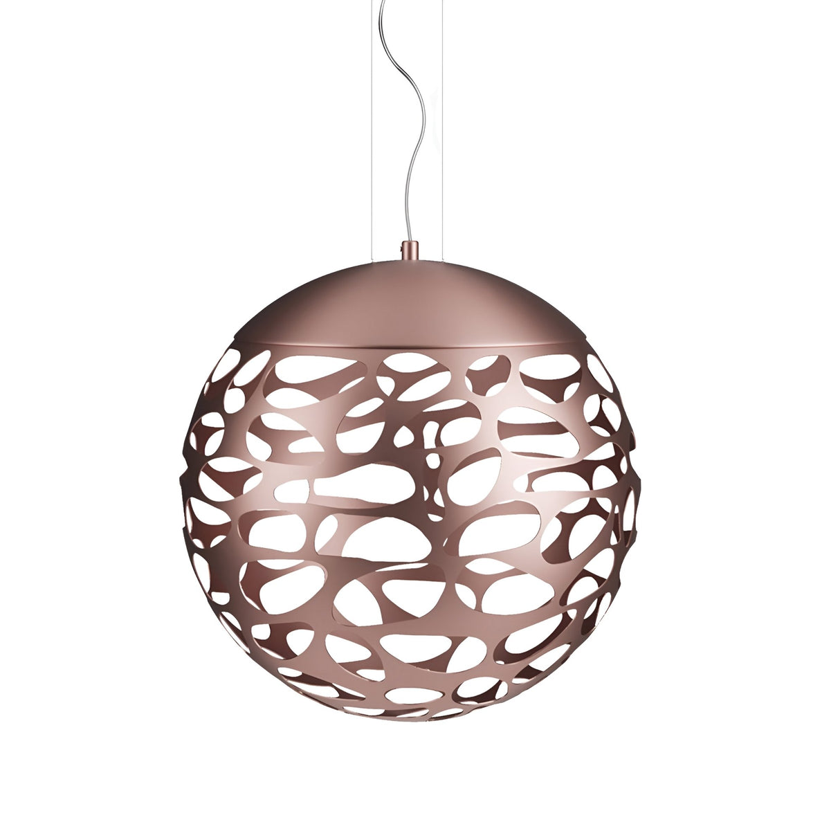 The Elon LED Single Pendant - Copper features a modern spherical design with a dimmable LED, a metallic rose gold copper finish, abstract cutout pattern, and hangs from a white cord.