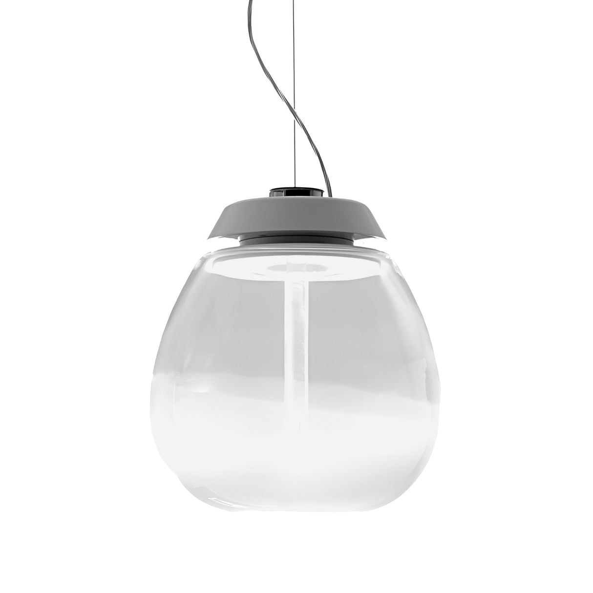 The Empatia LED Pendant Light - Clear features a modern, handcrafted rounded shade with a gray top, minimalist design, and glowing inner light, suspended from the ceiling by a slim black cord.