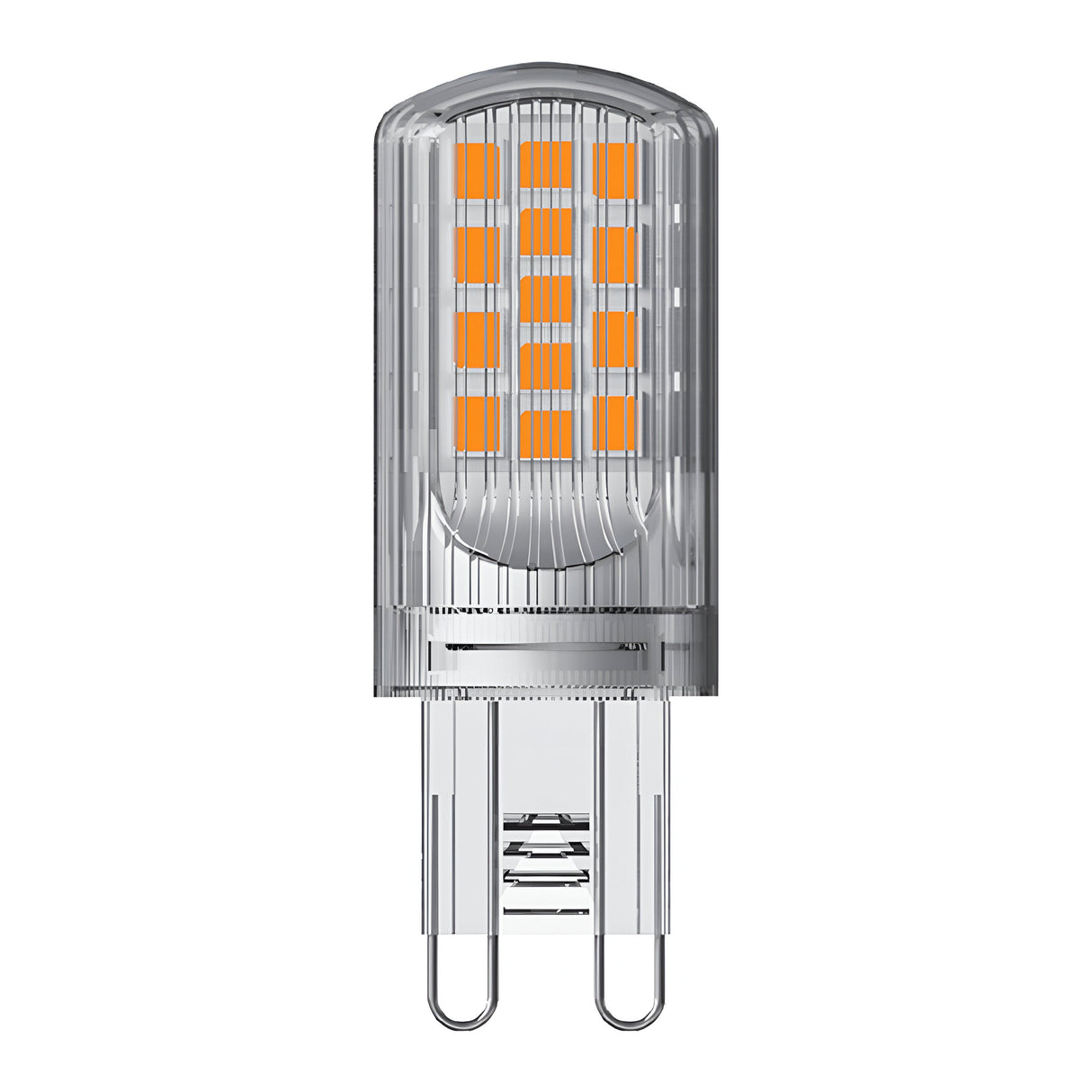 A detailed view of the Energizer 4.2W G9 Non-Dimmable LED Capsule Bulb showcases a transparent casing containing several small orange diodes that emphasize its energy-efficient design. The base, with two metal pins for electrical connection, presents the bulb standing vertically against a cool white background.