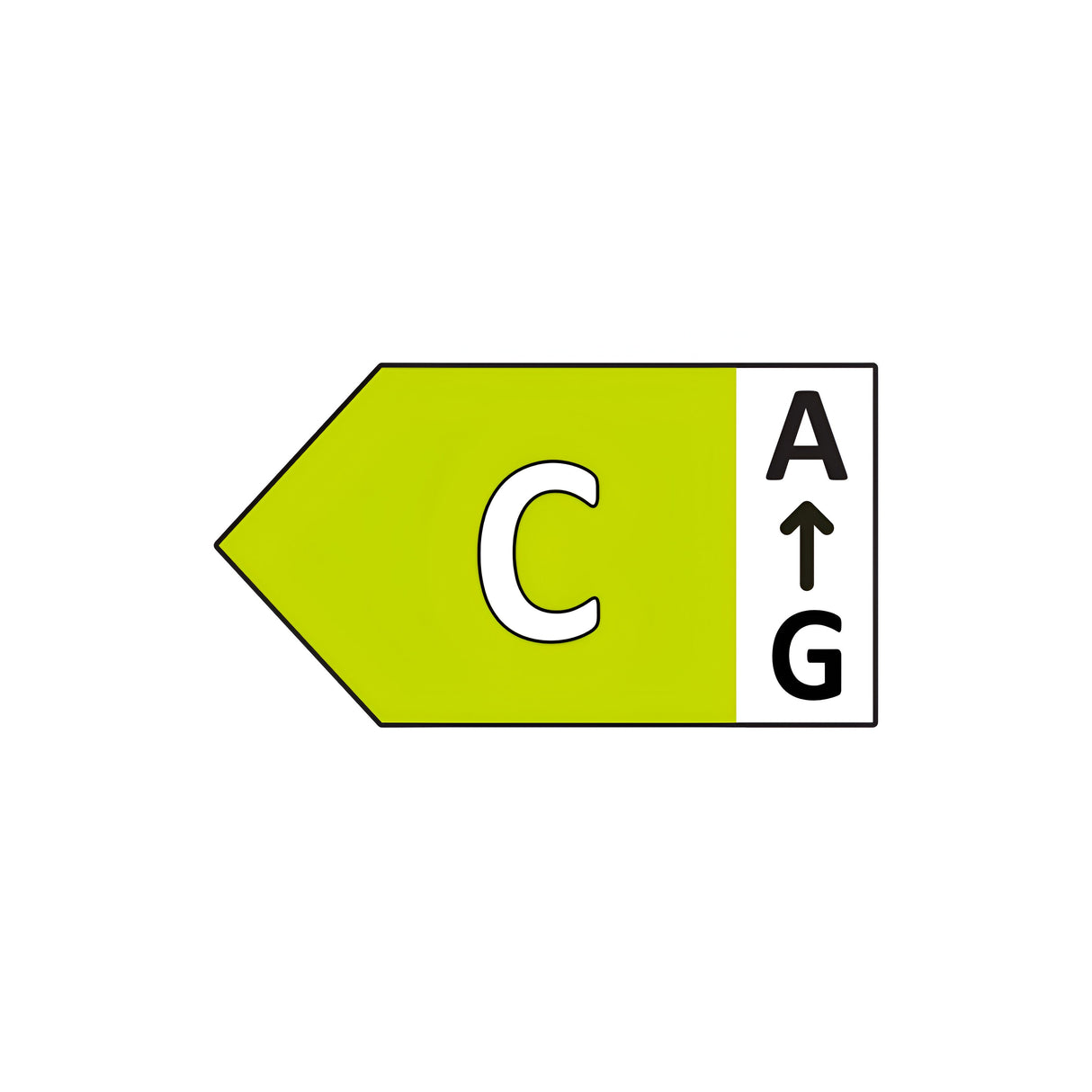 The LED energy efficiency label of the Lumilife 200W Essential UFO High Bay - 5700K includes a prominent green arrow pointing to the right, labeled C at its center. The label's right side features a vertical scale from A to G, with an upward-pointing arrow indicating energy performance levels. It also highlights the product's dimmable capability and IP65 rating for optimal use.