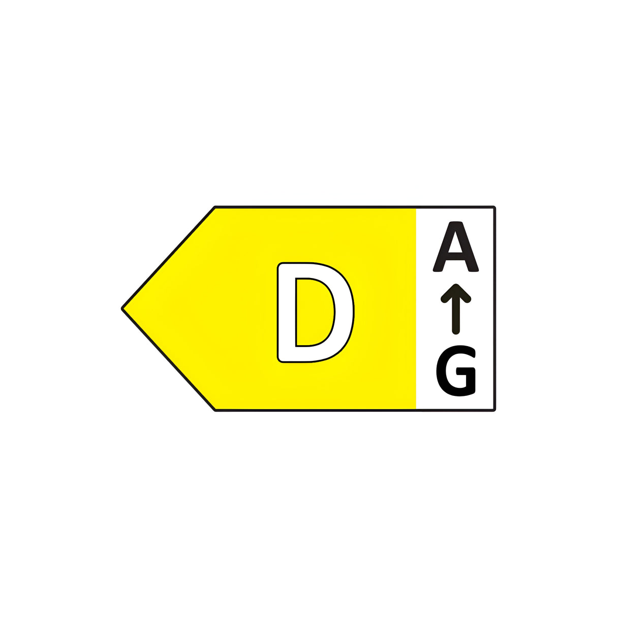A yellow energy efficiency label with a prominent letter D and an arrow pointing right, indicating a scale from A at the top to G at the bottom, is ideal for choosing products like the PowerMaster 5ft 30W LED Screwless Hinged Single Emergency Batten, which provides cool white illumination at 4,000K.