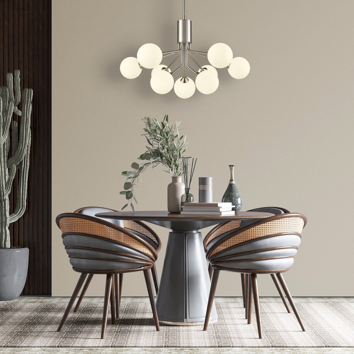 Cosmic 9 light ceiling light in satin nickel finish, shown in a room setting