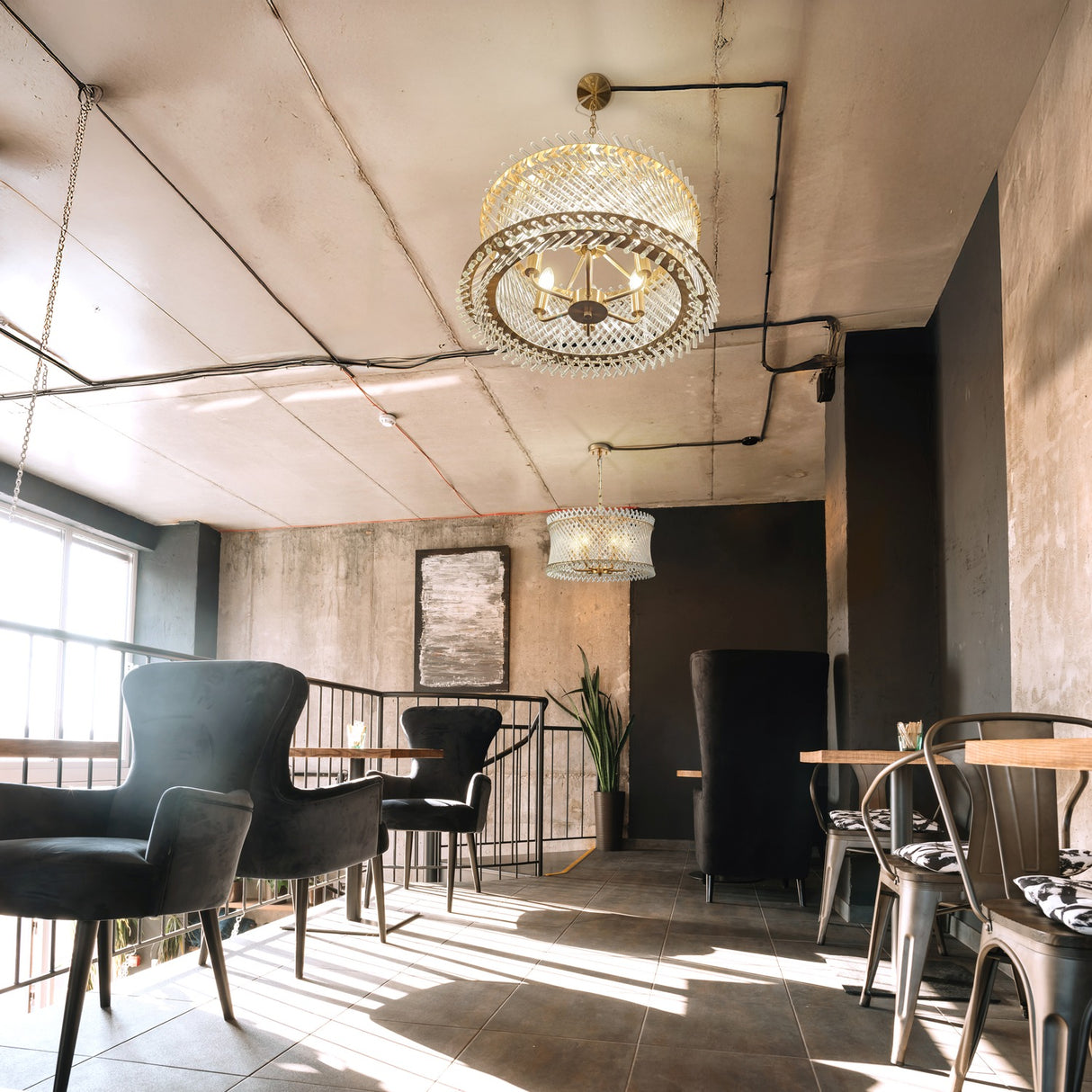 Ethereal 6 light chandelier, shown in a room setting