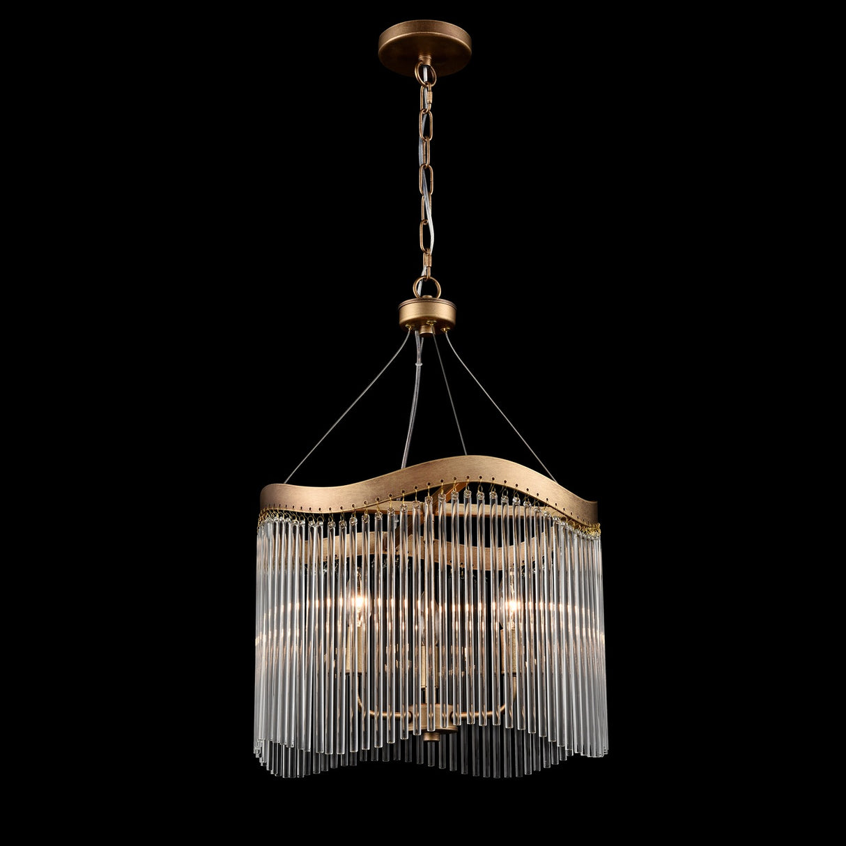 Harp 3 light chandelier, shown on a dark background