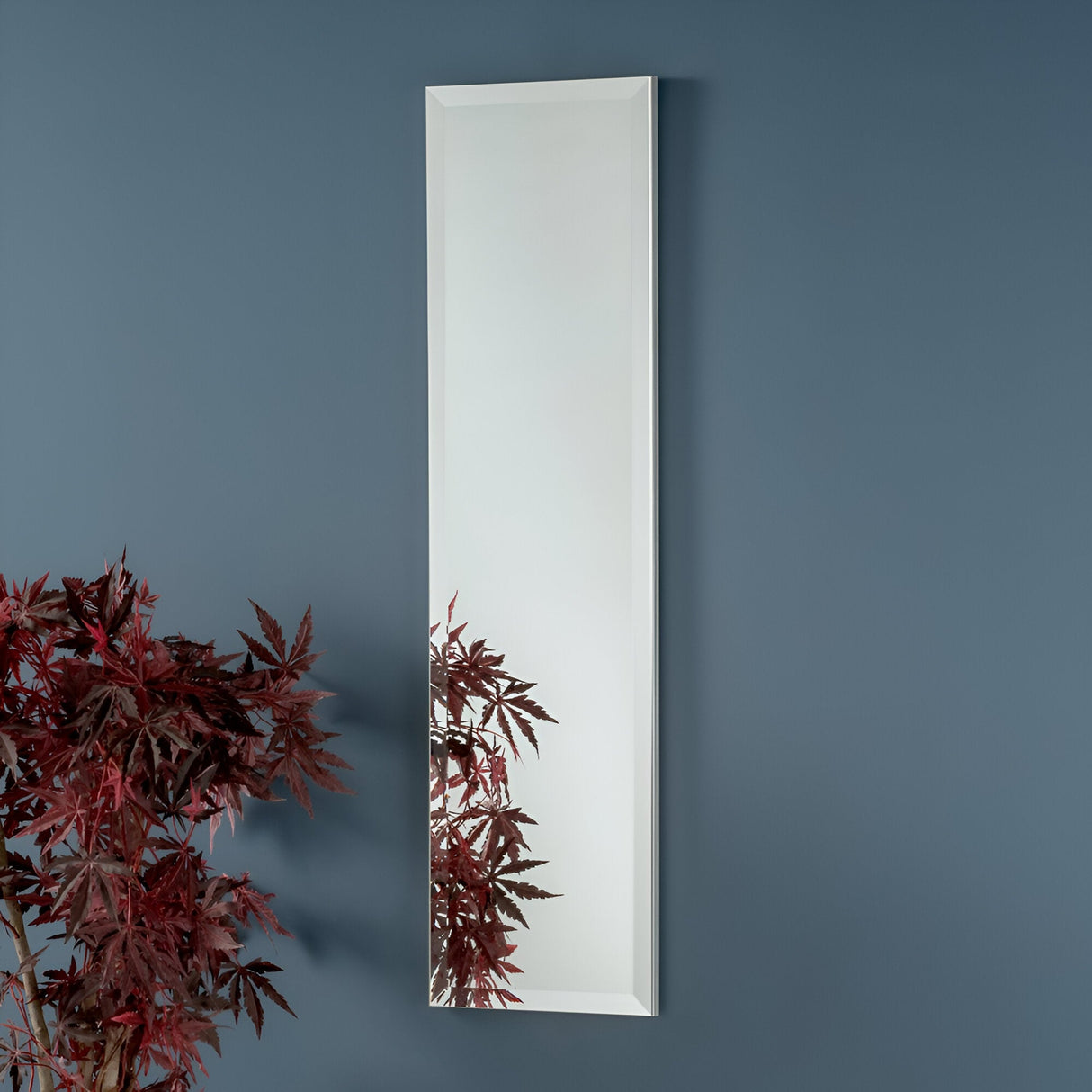 The Mystiva Rectangle Wall Mirror in silver hangs on a blue wall. The reflection reveals the top of a red-leafed plant, providing contrast to the contemporary decor.